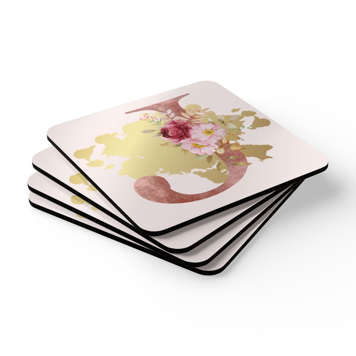 Coaster Set of 4 - Letter "J" Initial Pink Flower Gold Splash