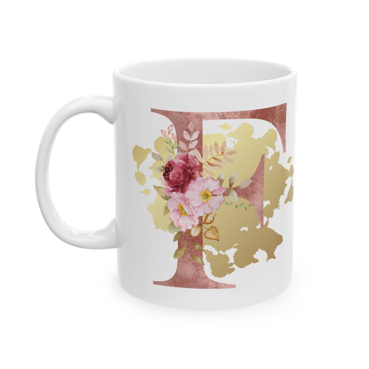 Ceramic Mug, (11oz) - Letter "F" Initial Pink Flower Gold Splash