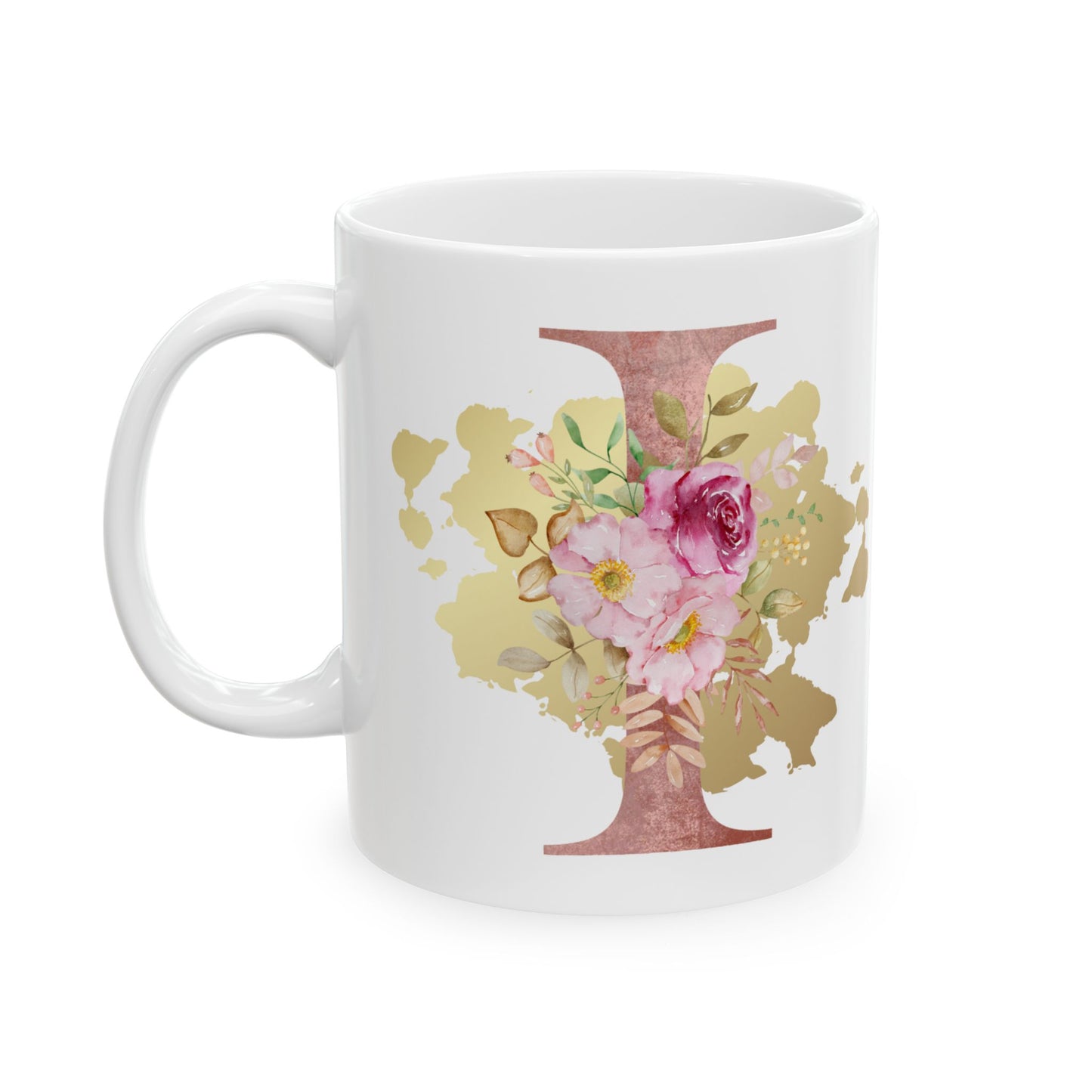 Ceramic Mug, (11oz) - Letter "I" Initial Pink Flower Gold Splash