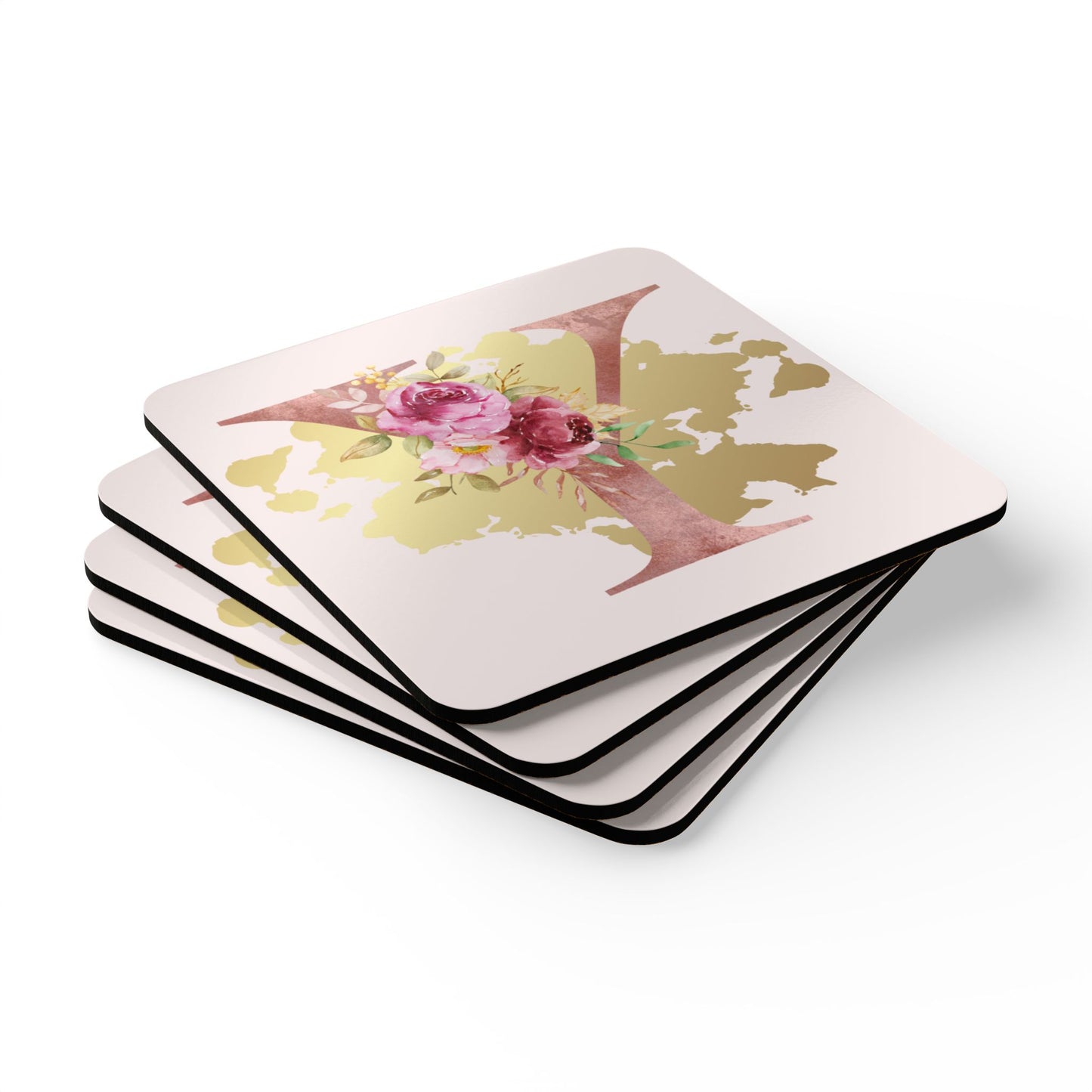 Coaster Set of 4 - Letter "Y" Initial Pink Flower Gold Splash
