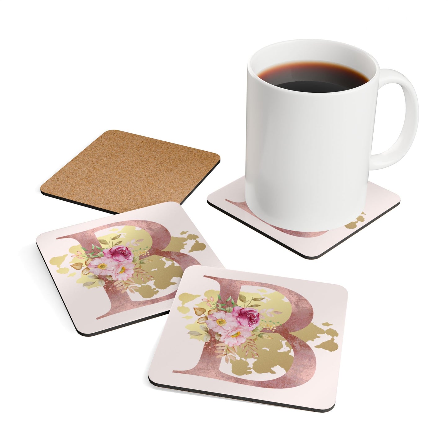 Coaster Set of 4 - Letter "B" Initial Pink Flower Gold Splash