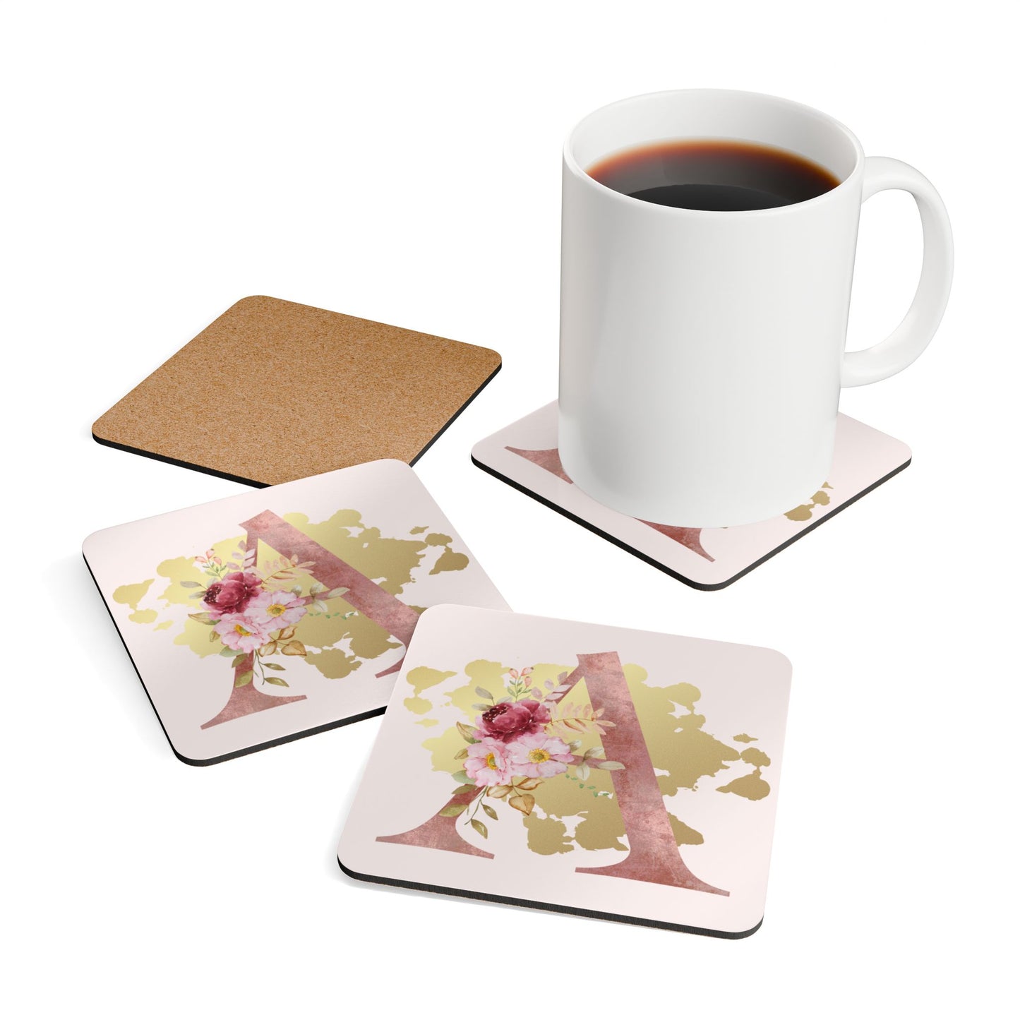Coaster Set of 4 - Letter "A" Initial Pink Flower Gold Splash