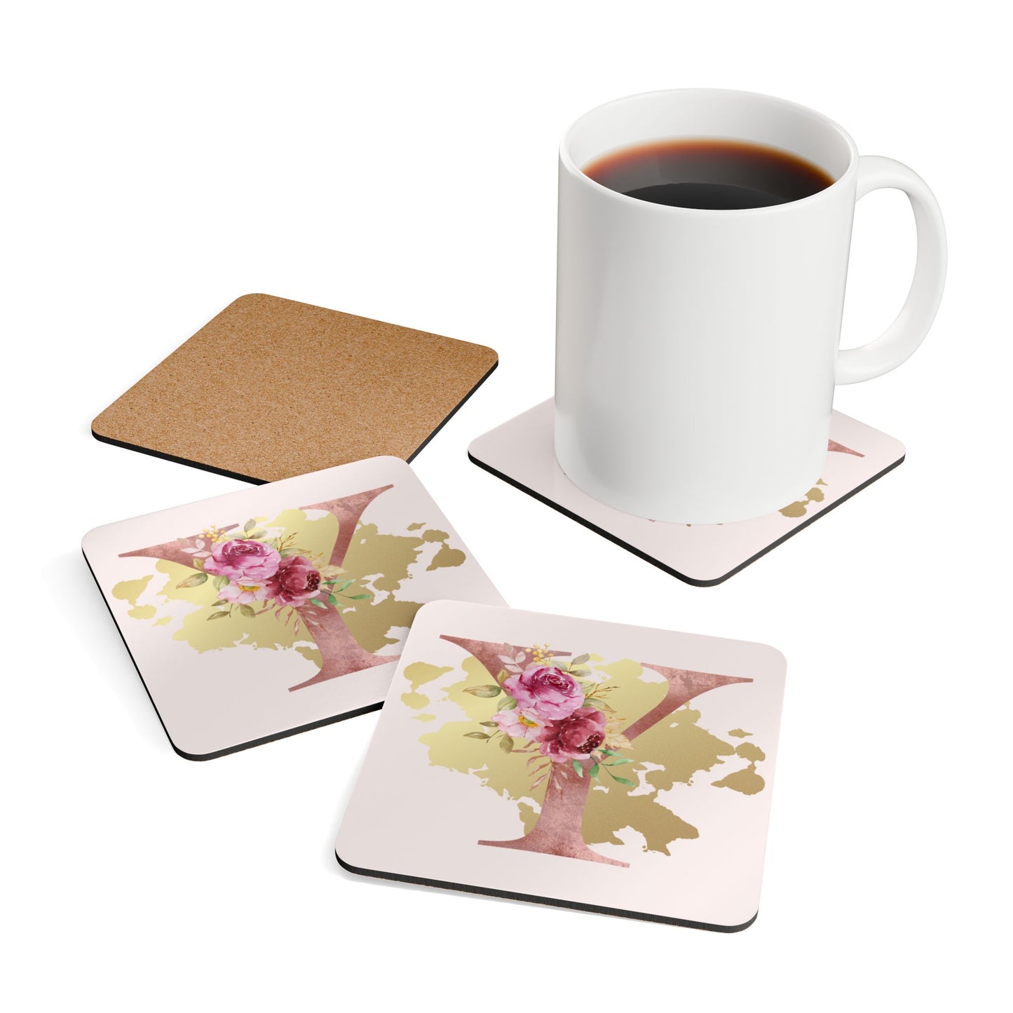 Coaster Set of 4 - Letter "Y" Initial Pink Flower Gold Splash
