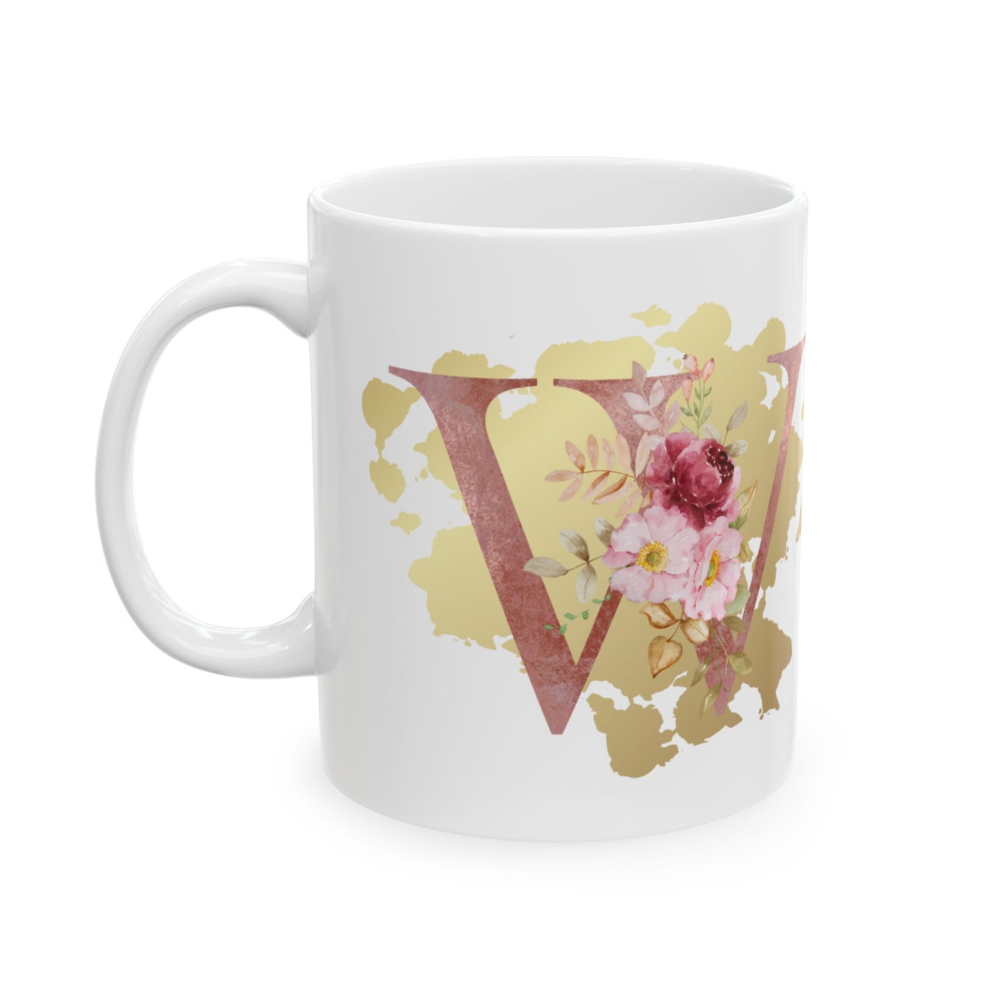 Ceramic Mug, (11oz) - Letter "W" Initial Pink Flower Gold Splash
