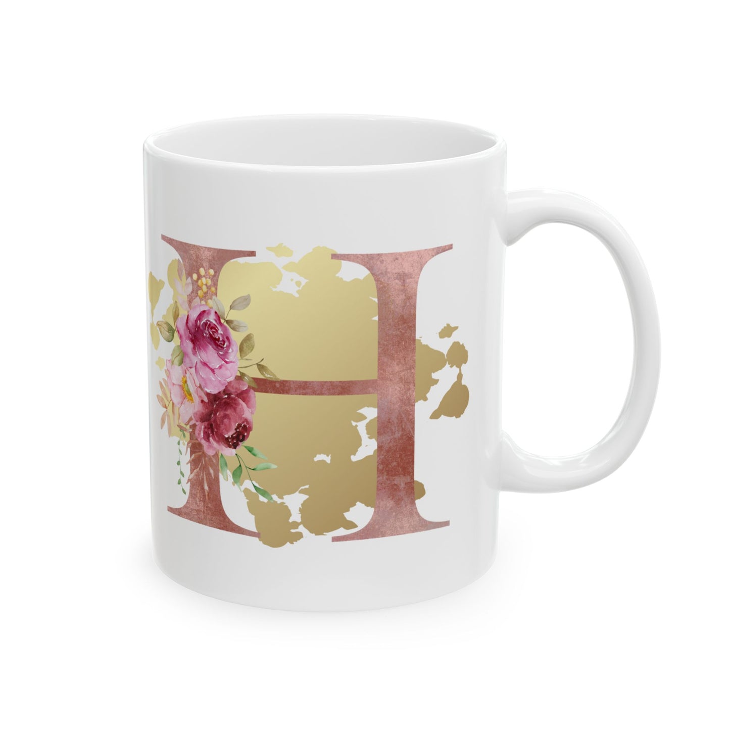 Ceramic Mug, (11oz) - Letter "H" Initial Pink Flower Gold Splash