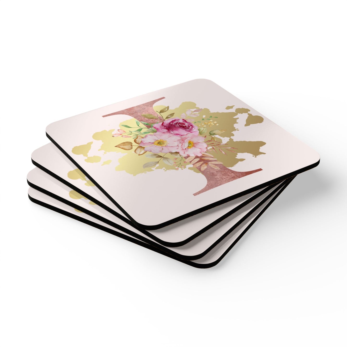 Coaster Set of 4 - Letter "I" Initial Pink Flower Gold Splash