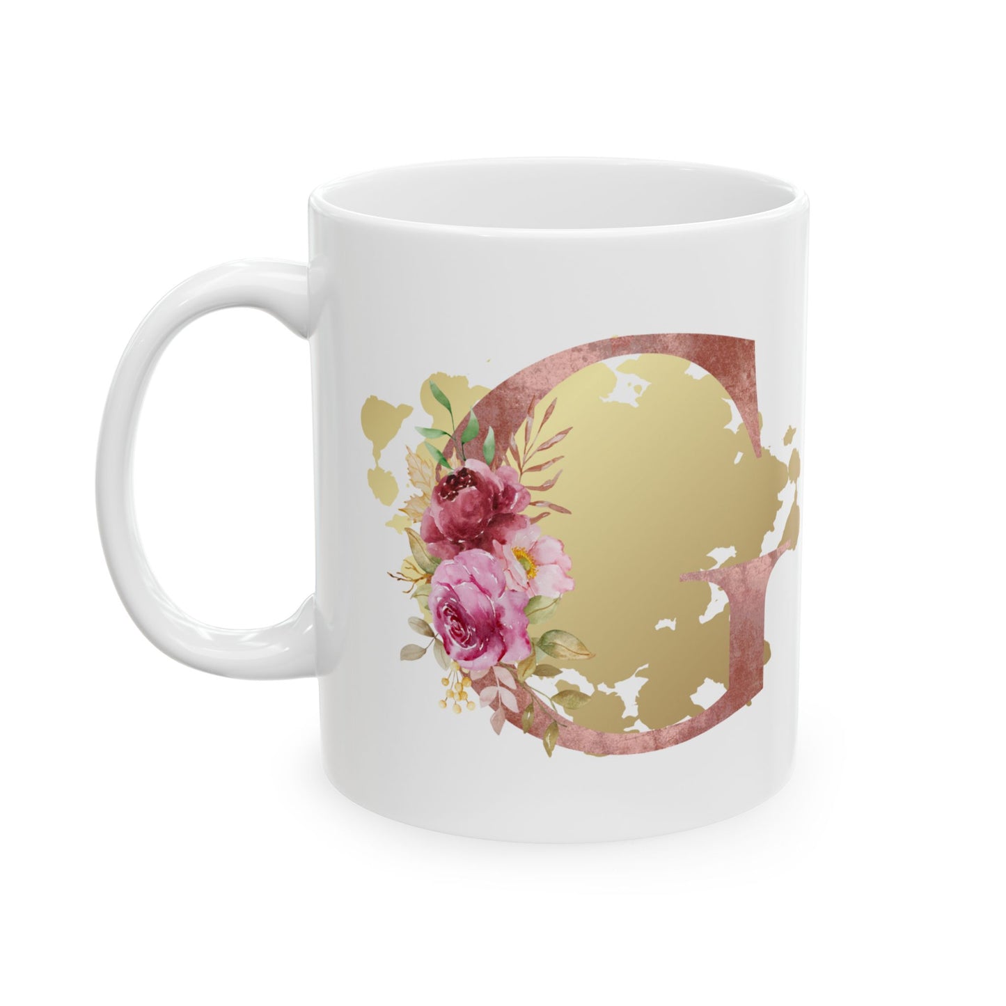 Ceramic Mug, (11oz) - Letter "G" Initial Pink Flower Gold Splash