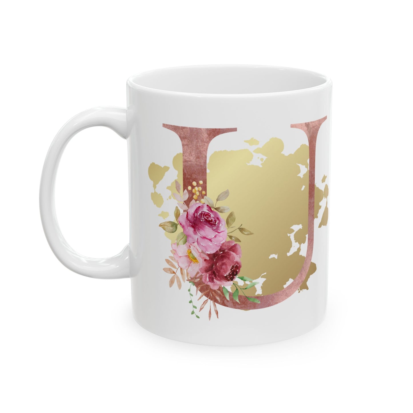 Ceramic Mug, (11oz) - Letter "U" Initial Pink Flower Gold Splash
