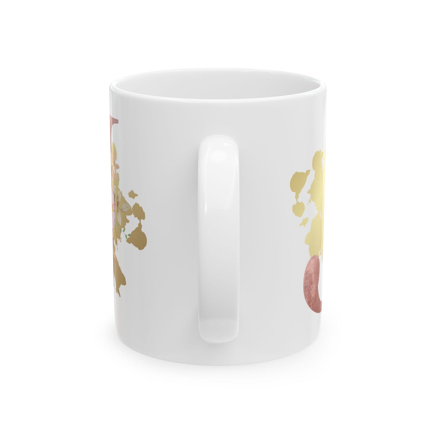 Ceramic Mug, (11oz) - Letter "J" Initial Pink Flower Gold Splash