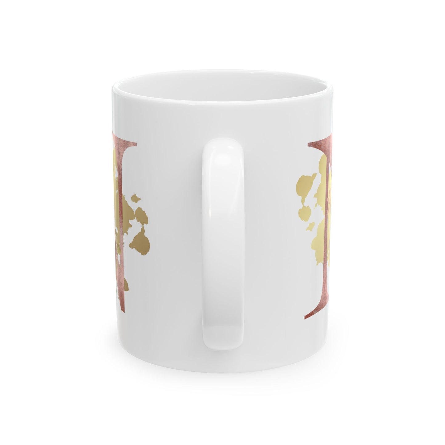 Ceramic Mug, (11oz) - Letter "N" Initial Pink Flower Gold Splash