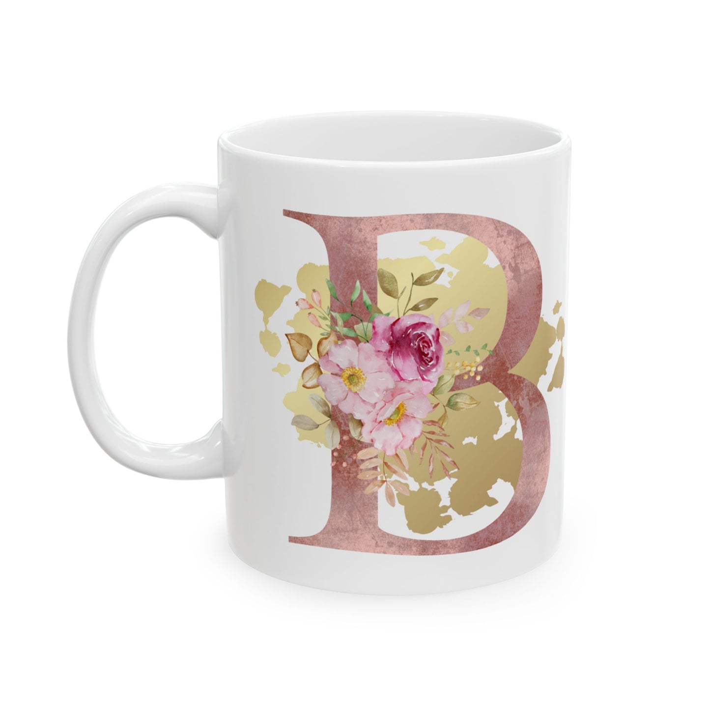Ceramic Mug, (11oz) - Letter "B" Initial Pink Flower Gold Splash