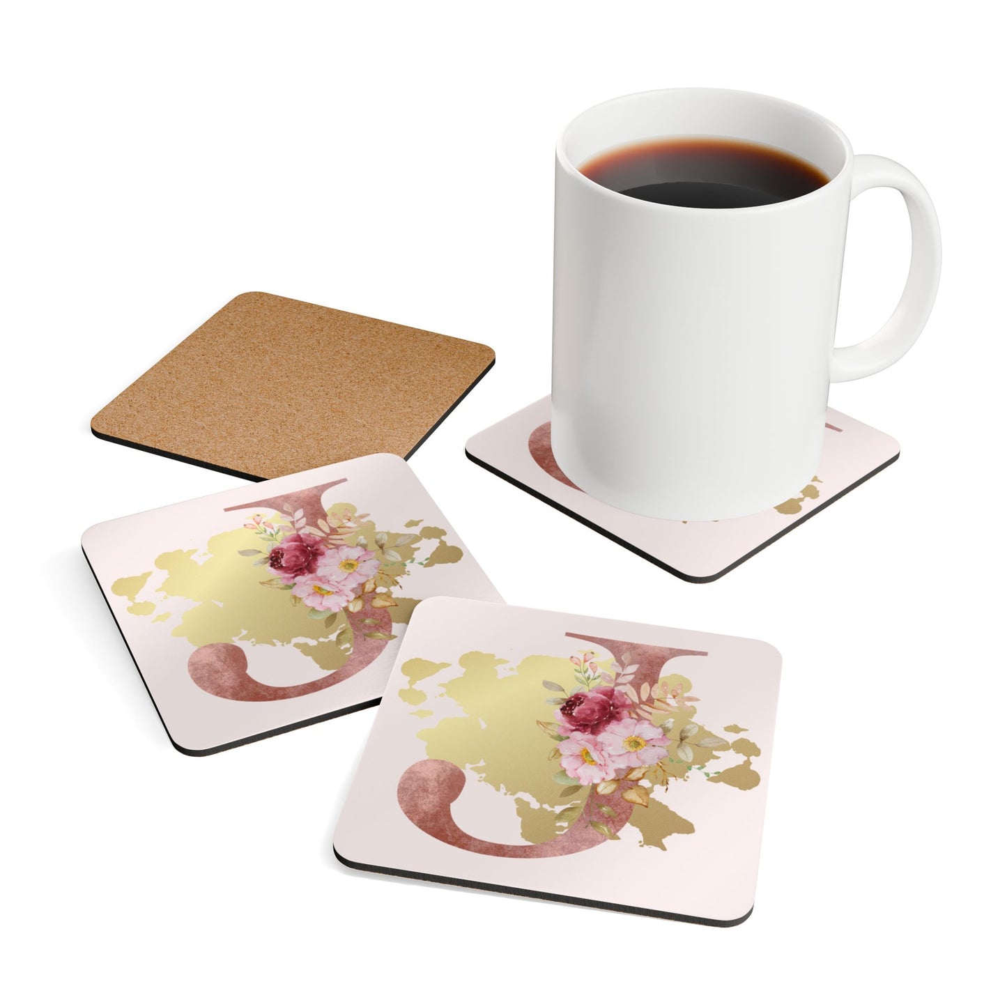 Coaster Set of 4 - Letter "J" Initial Pink Flower Gold Splash