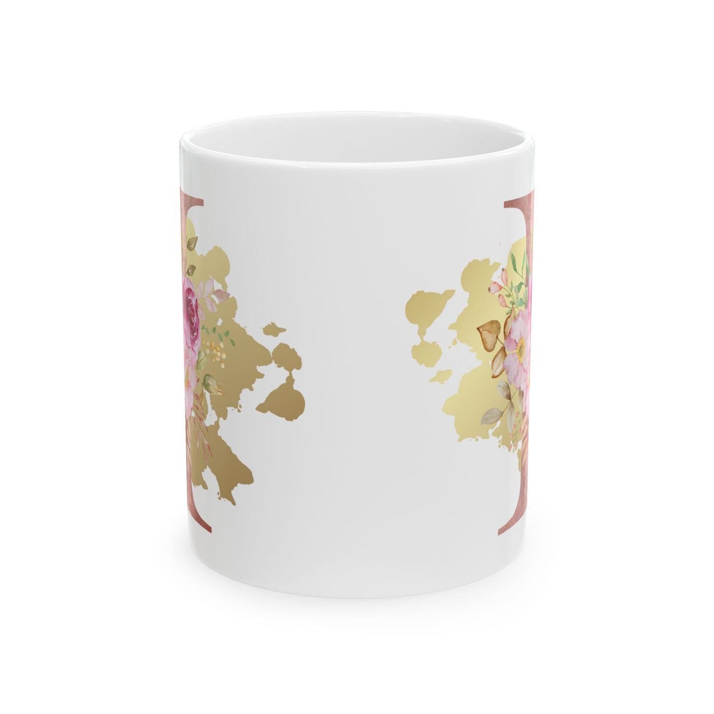Ceramic Mug, (11oz) - Letter "I" Initial Pink Flower Gold Splash