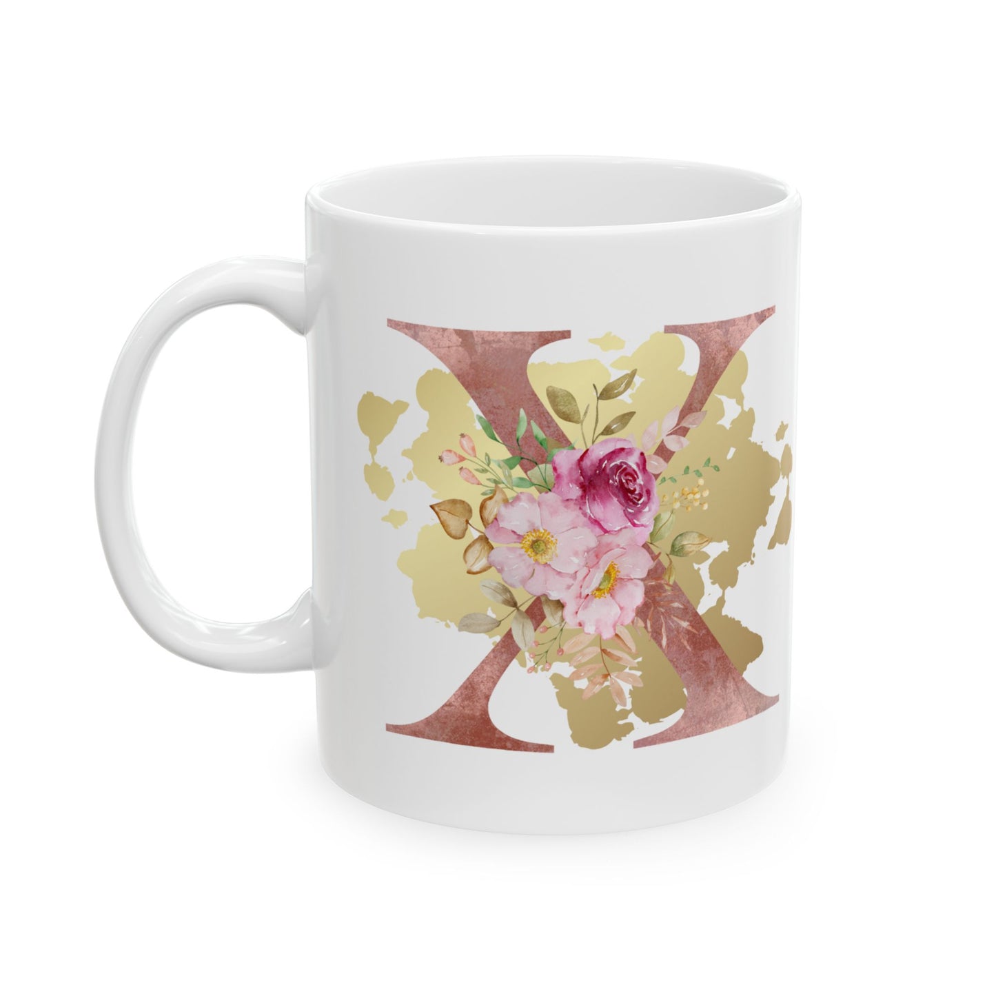 Ceramic Mug, (11oz) - Letter "X" Initial Pink Flower Gold Splash