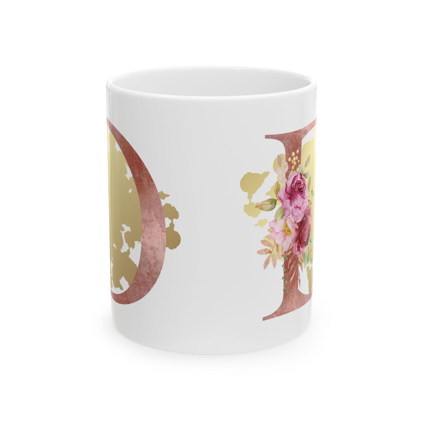 Ceramic Mug, (11oz) - Letter "D" Initial Pink Flower Gold Splash