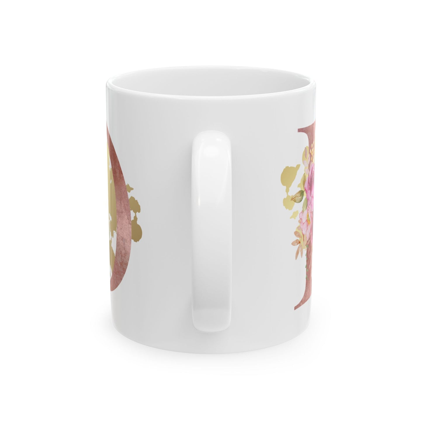 Ceramic Mug, (11oz) - Letter "D" Initial Pink Flower Gold Splash