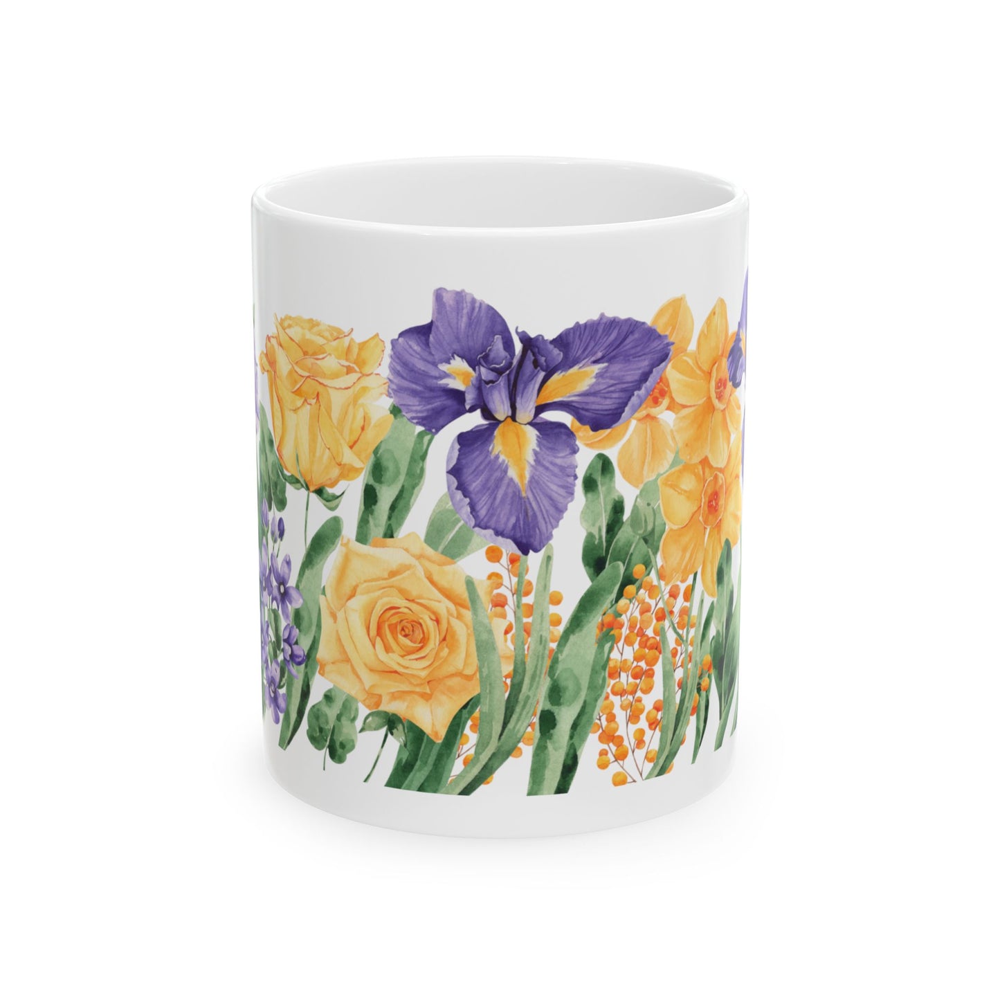 Watercolor Yellow Rose Purple Iris Ceramic Mug, (11oz)