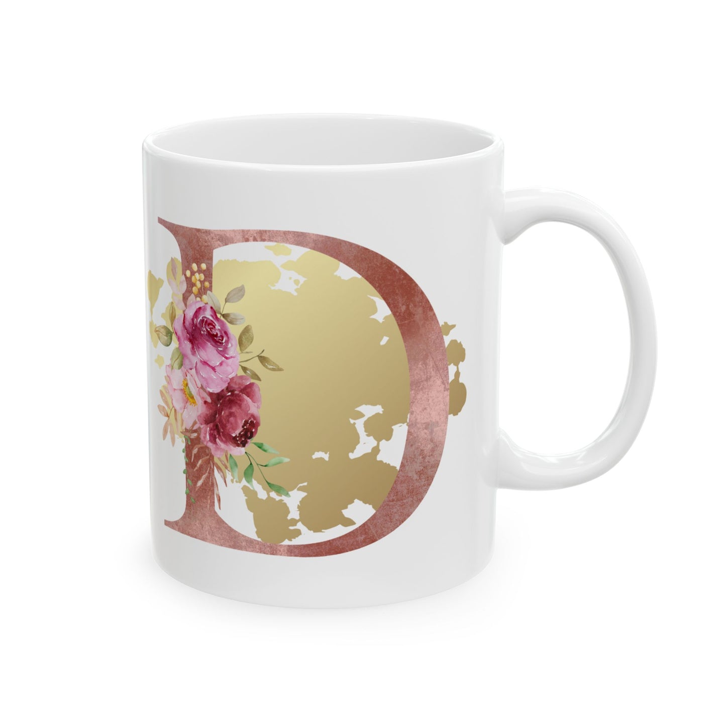 Ceramic Mug, (11oz) - Letter "D" Initial Pink Flower Gold Splash