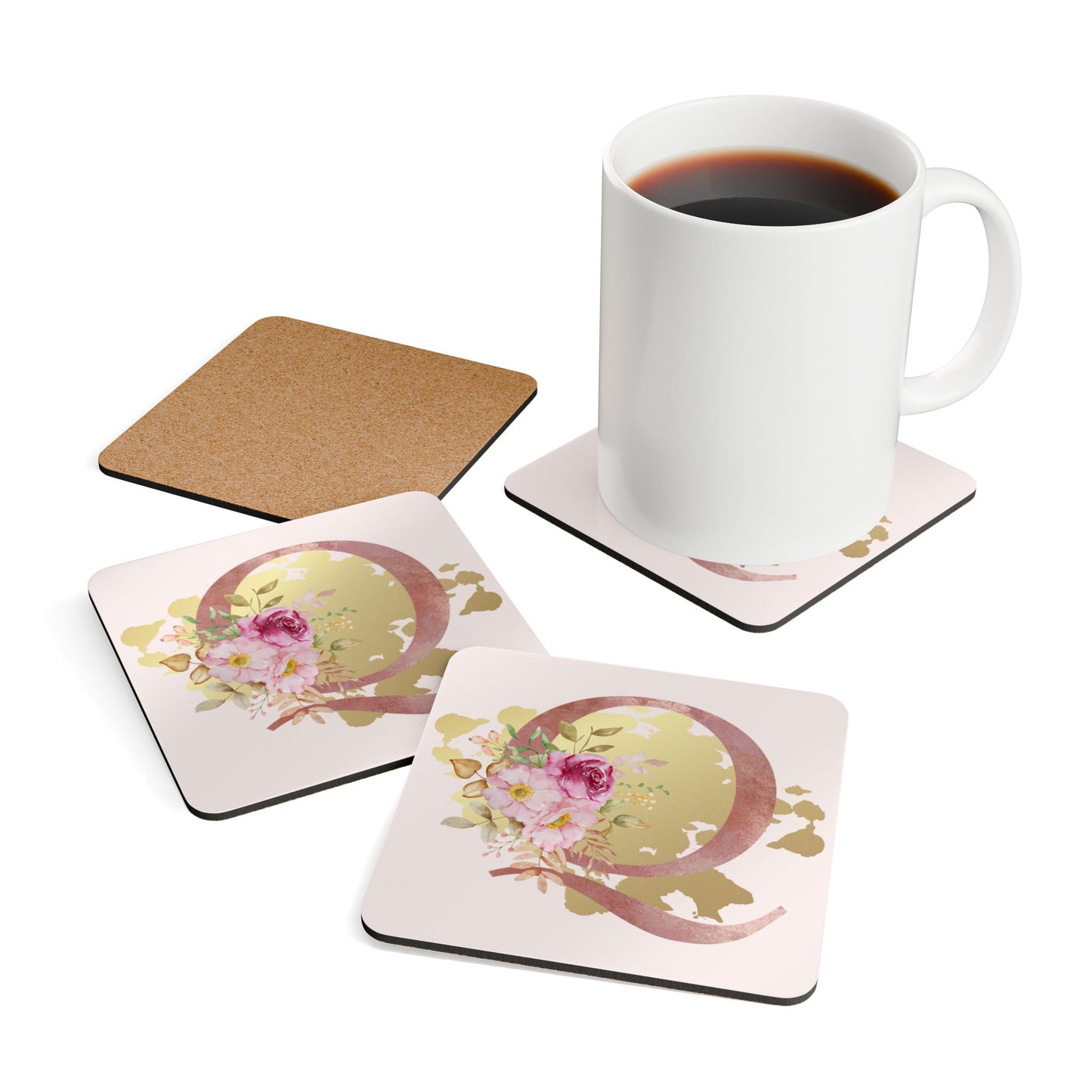 Coaster Set of 4 - Letter "Q" Initial Pink Flower Gold Splash