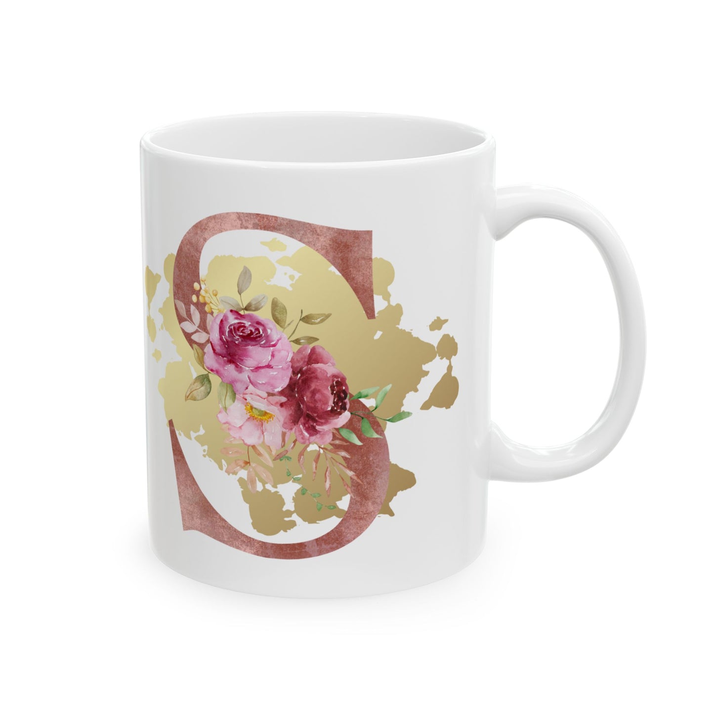 Ceramic Mug, (11oz) - Letter "S" Initial Pink Flower Gold Splash