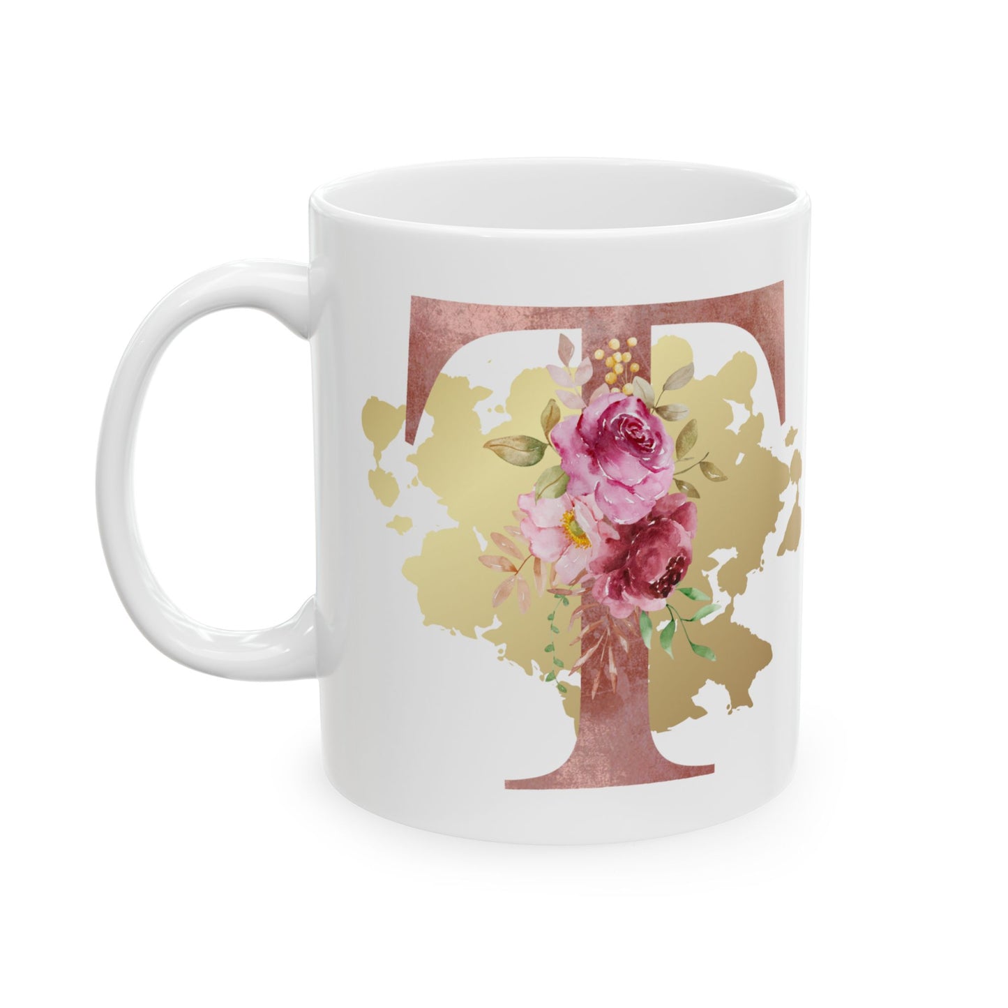 Ceramic Mug, (11oz) - Letter "T" Initial Pink Flower Gold Splash