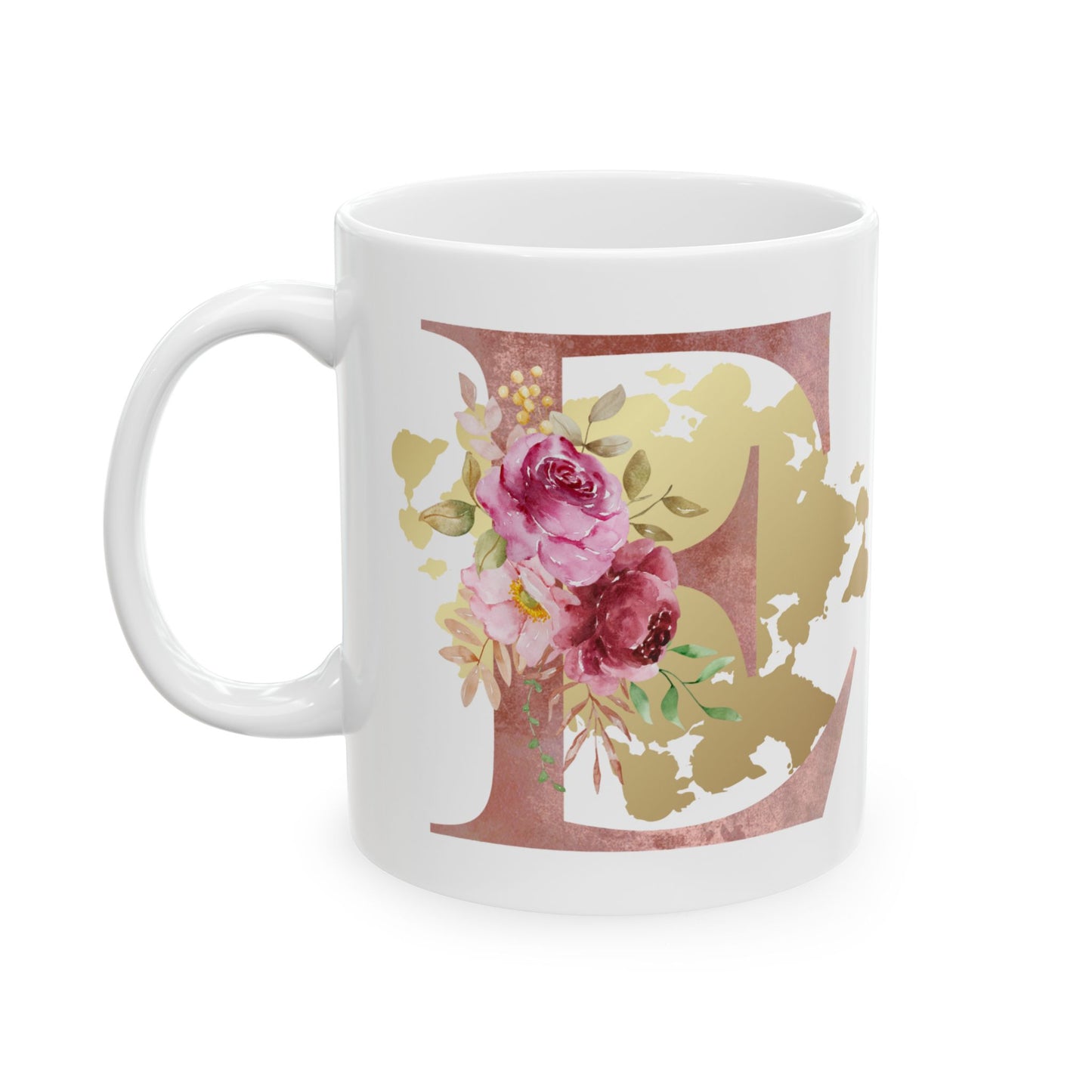 Ceramic Mug, (11oz) - Letter "E" Initial Pink Flower Gold Splash