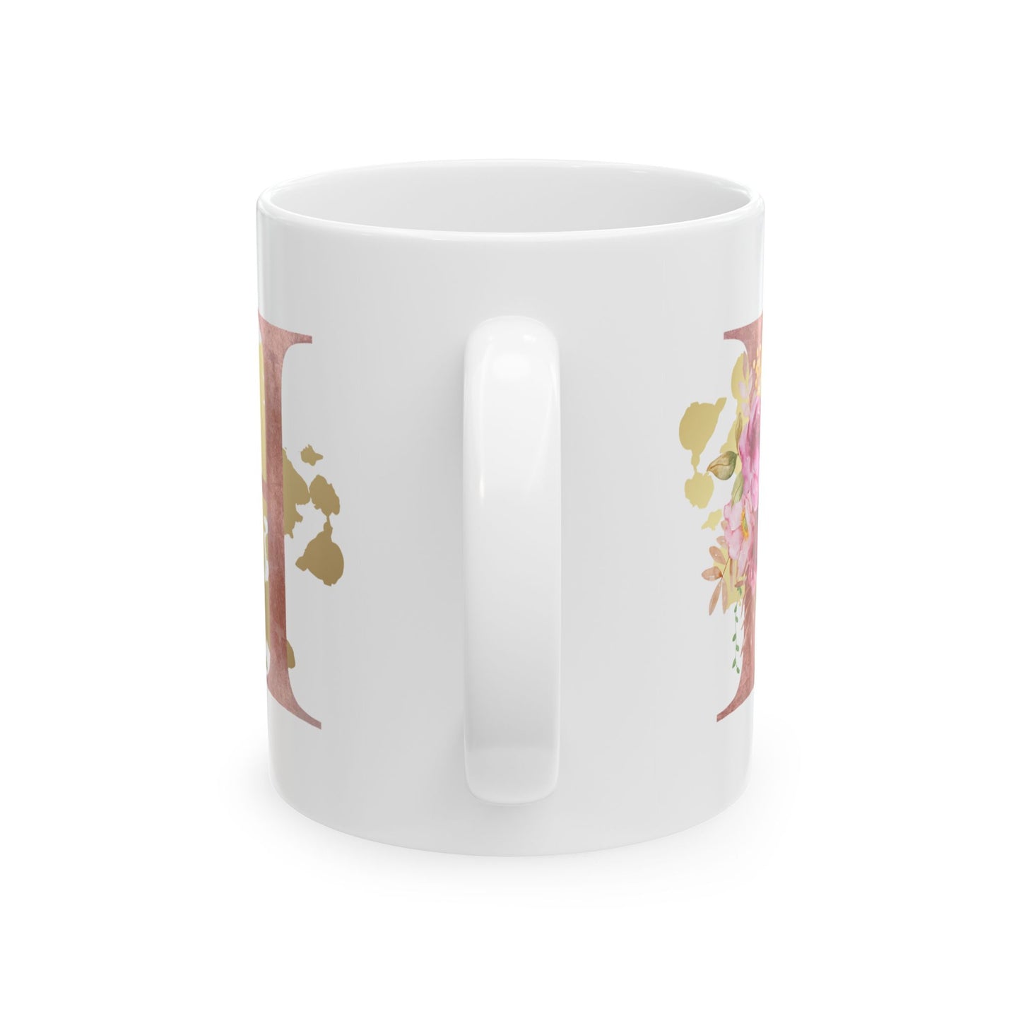 Ceramic Mug, (11oz) - Letter "H" Initial Pink Flower Gold Splash