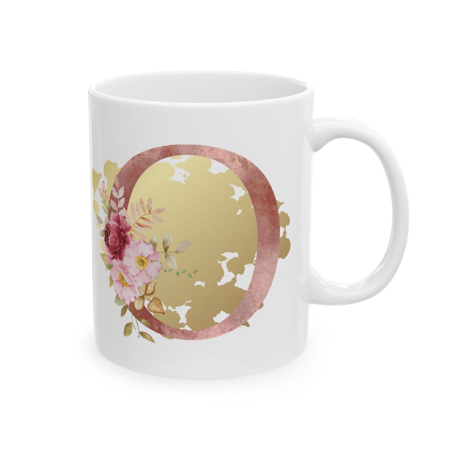 Ceramic Mug, (11oz) - Letter "O" Initial Pink Flower Gold Splash
