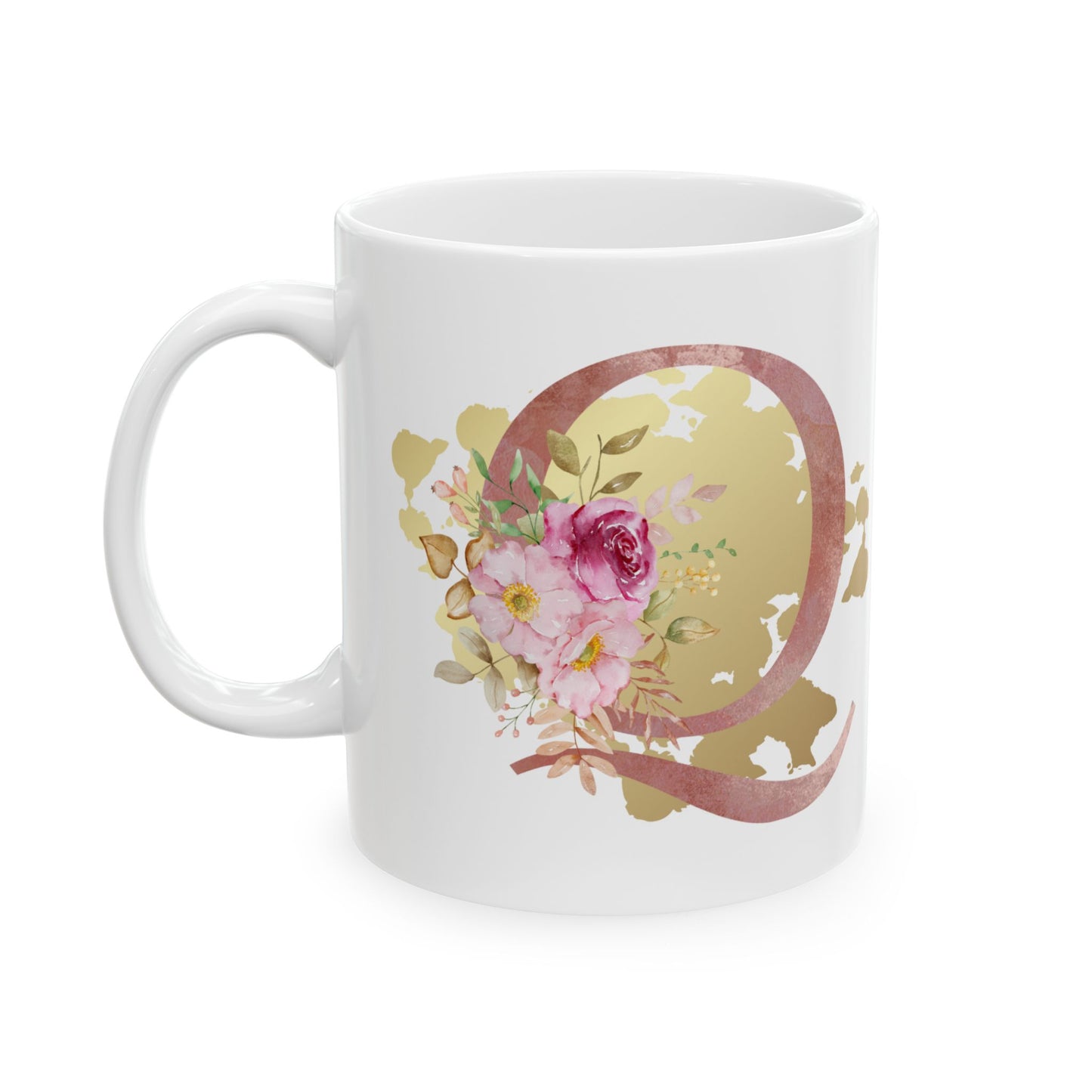 Ceramic Mug, (11oz) - Letter "Q" Initial Pink Flower Gold Splash