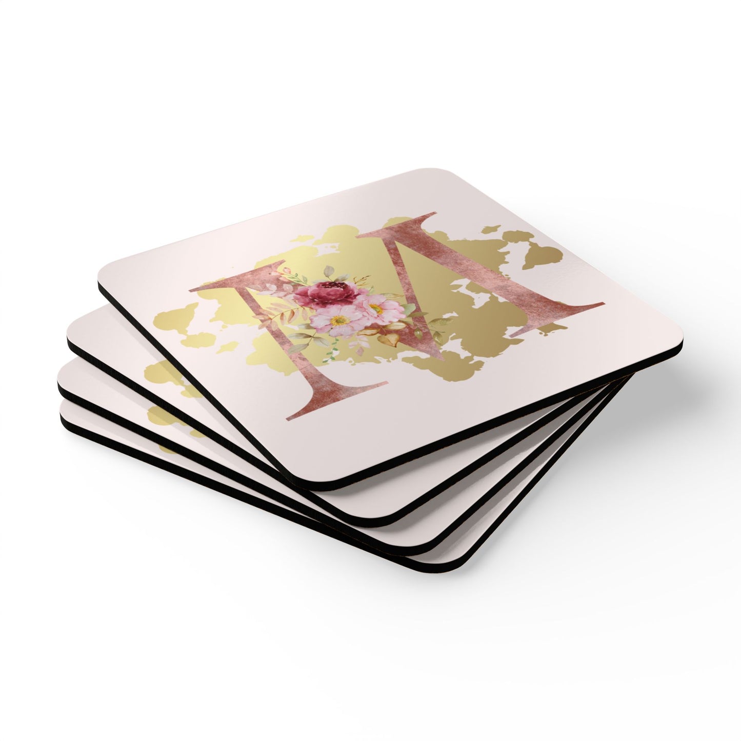 Coaster Set of 4 - Letter "M" Initial Pink Flower Gold Splash