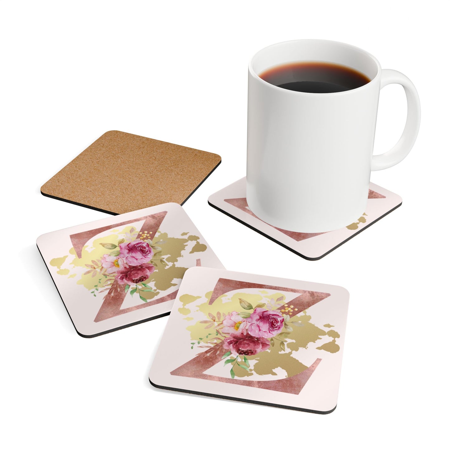 Coaster Set of 4 - Letter "Z" Initial Pink Flower Gold Splash
