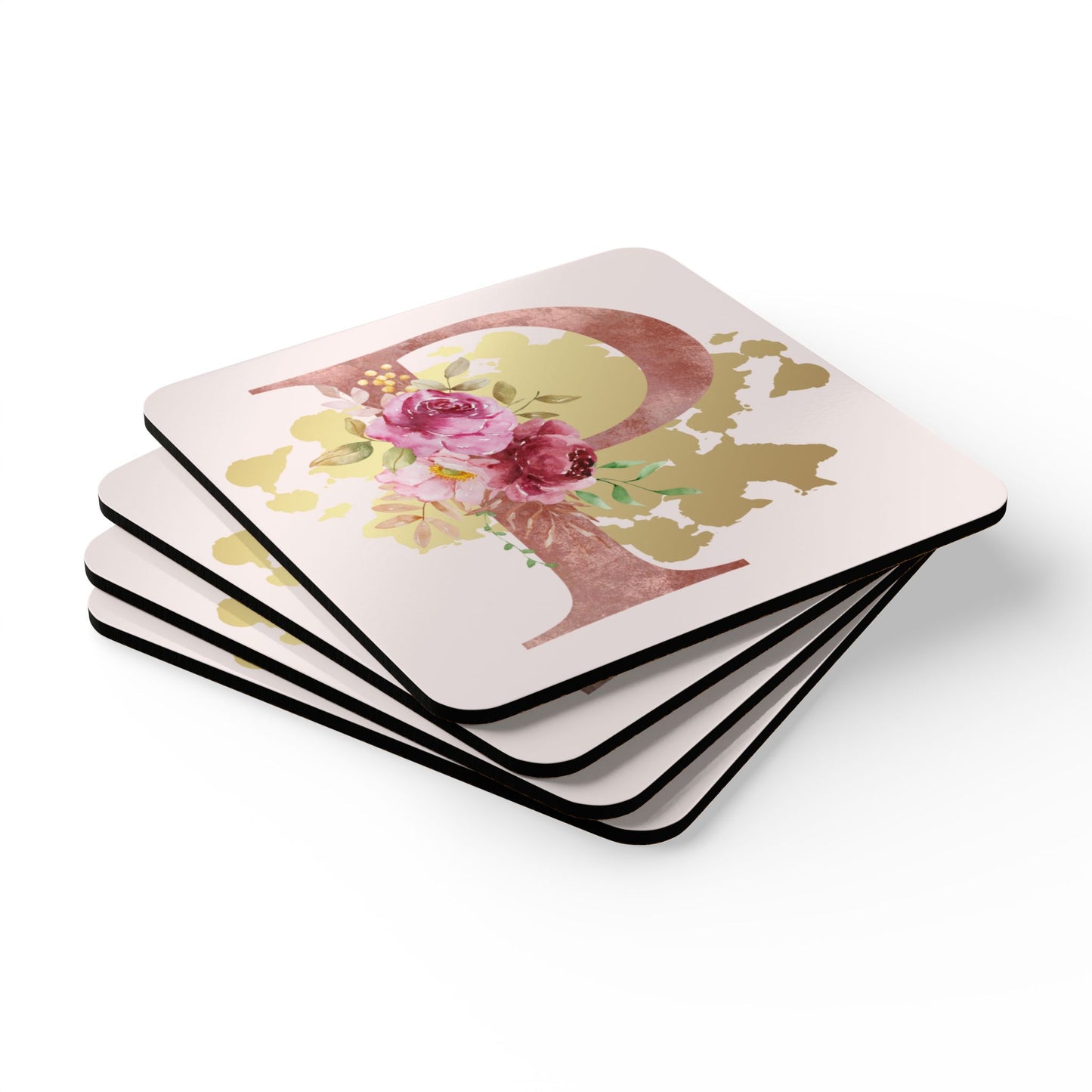Coaster Set of 4 - Letter "P" Initial Pink Flower Gold Splash