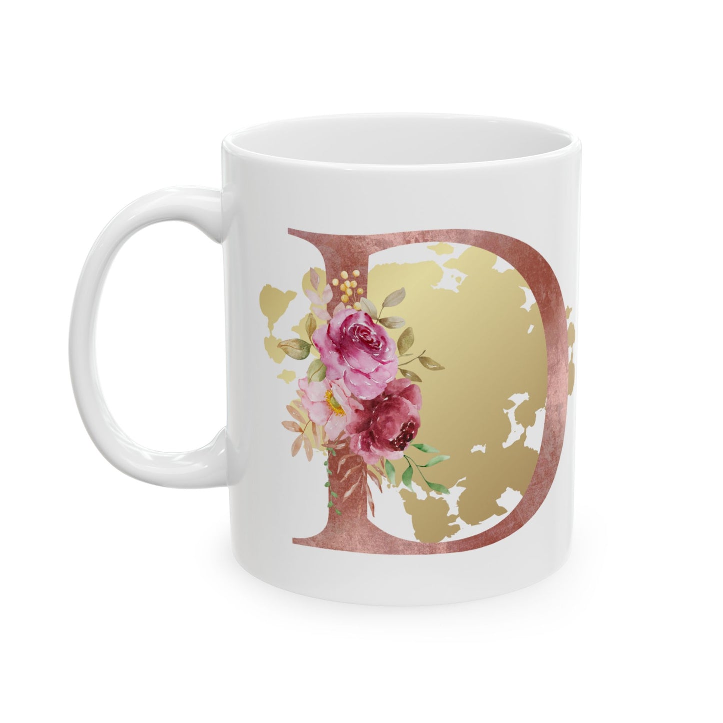 Ceramic Mug, (11oz) - Letter "D" Initial Pink Flower Gold Splash
