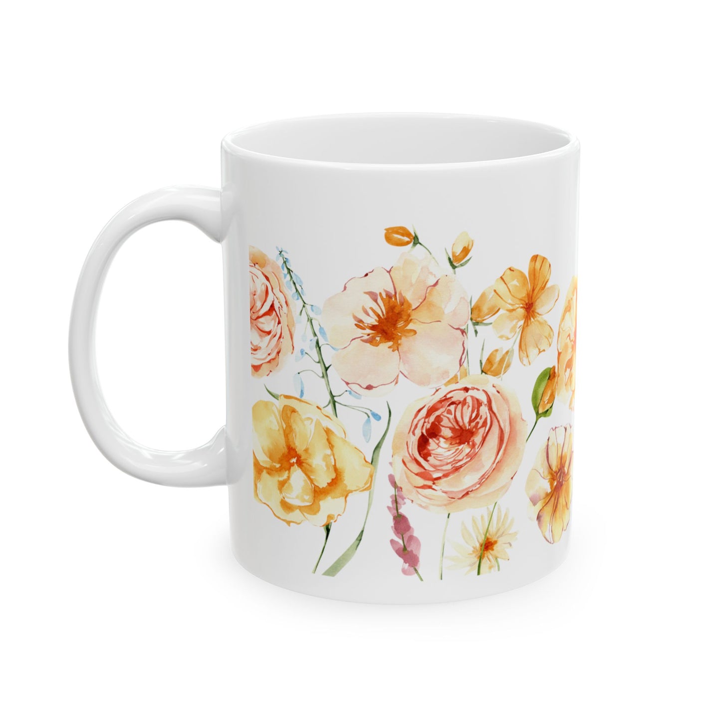 Watercolor Rose Peony Ceramic Mug, (11oz)