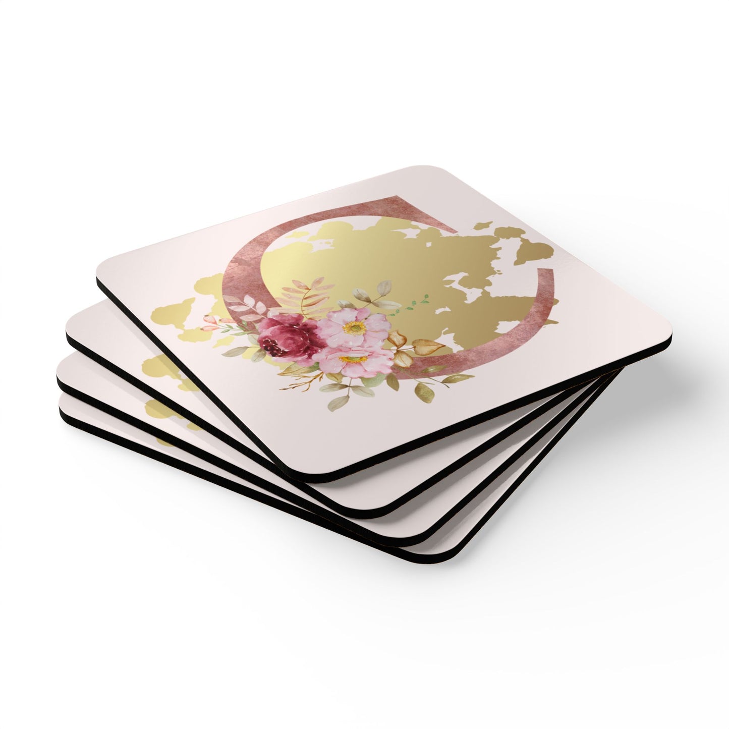 Coaster Set of 4 - Letter "C" Initial Pink Flower Gold Splash