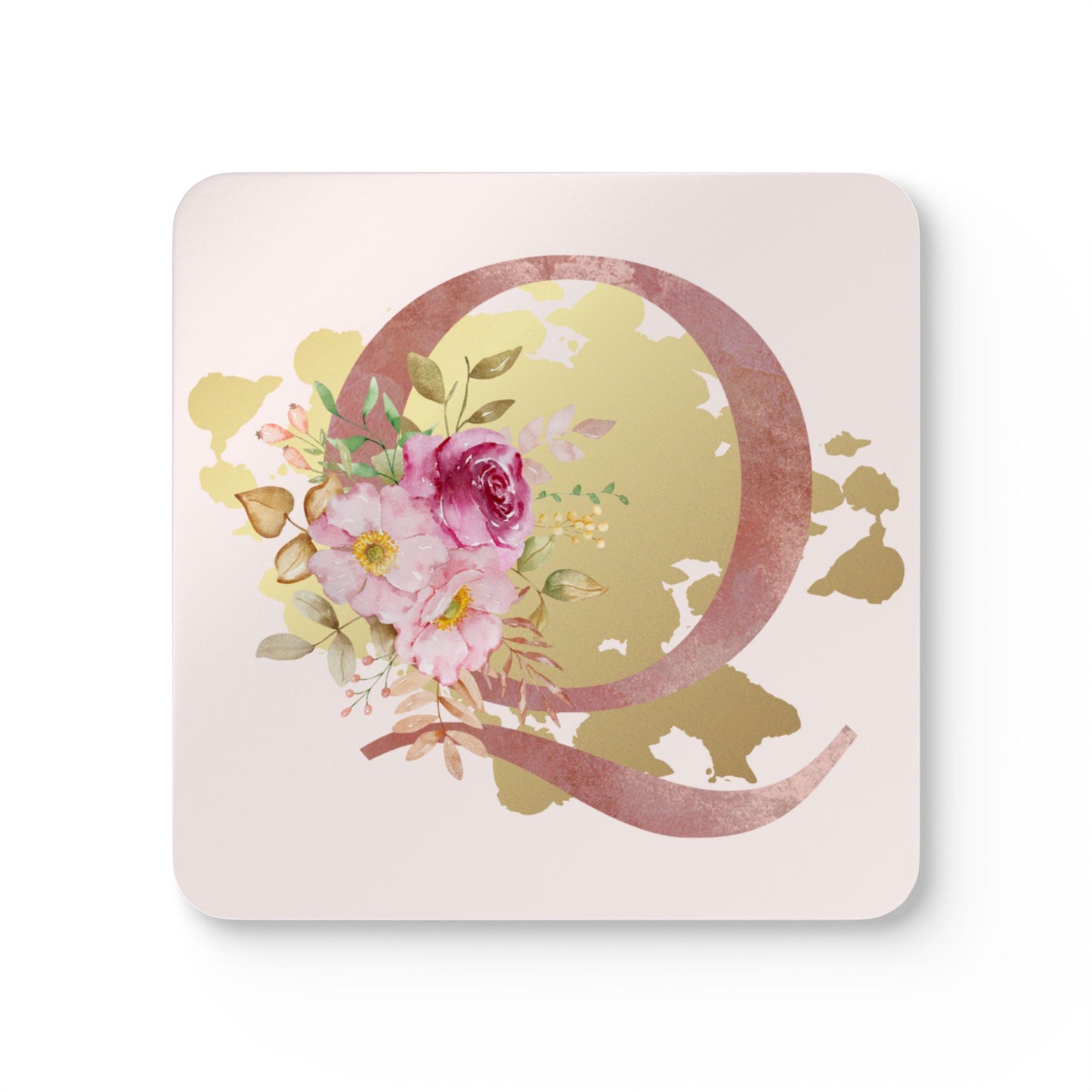 Coaster Set of 4 - Letter "Q" Initial Pink Flower Gold Splash