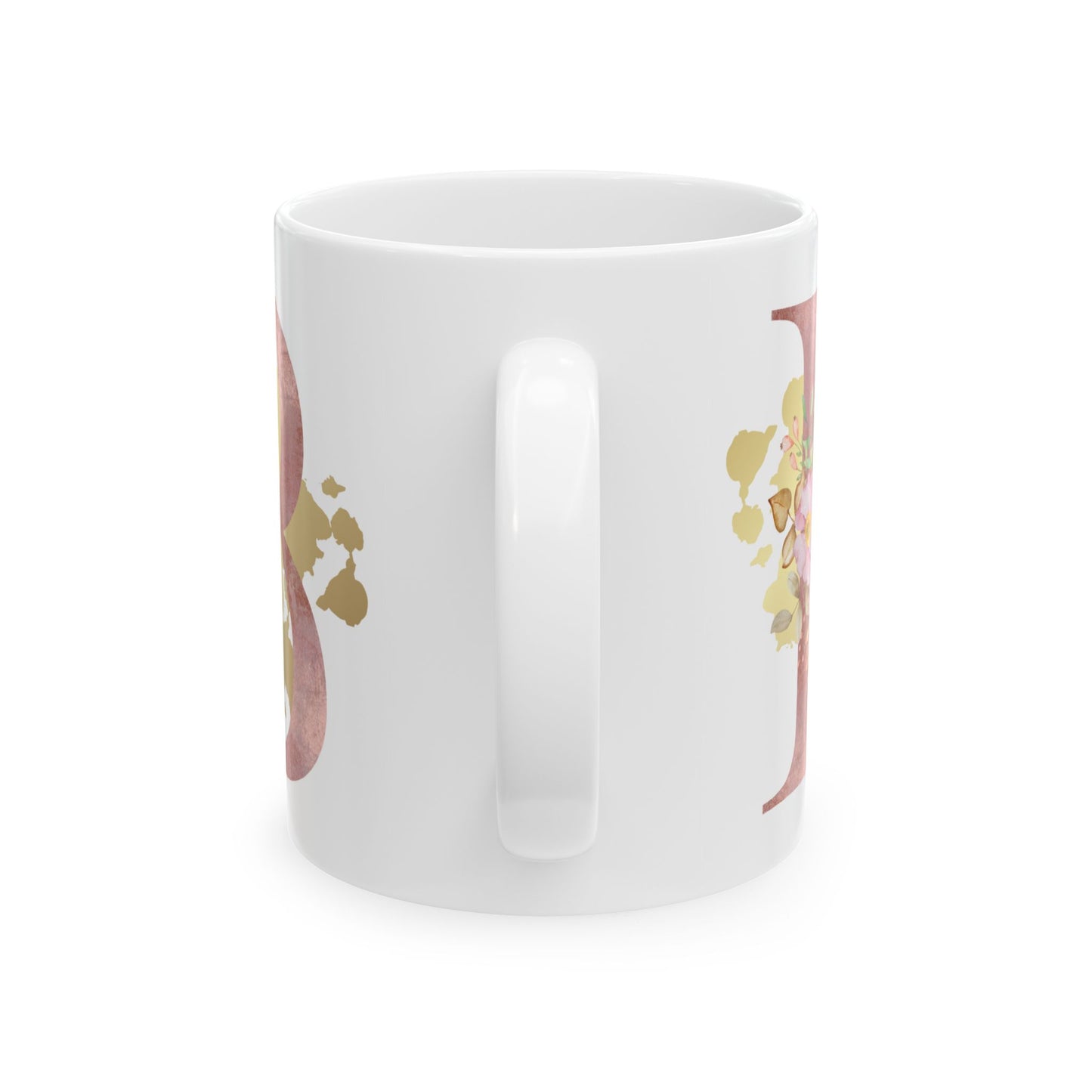 Ceramic Mug, (11oz) - Letter "B" Initial Pink Flower Gold Splash
