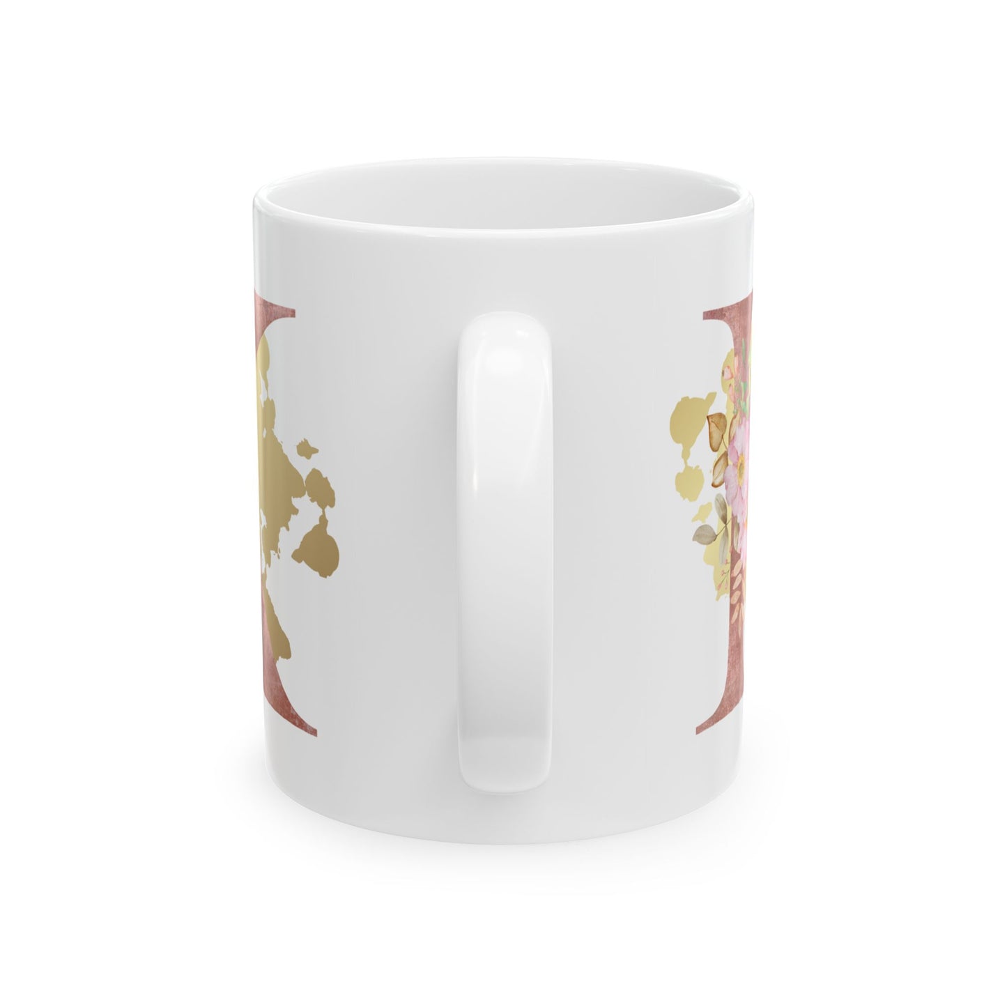 Ceramic Mug, (11oz) - Letter "K" Initial Pink Flower Gold Splash
