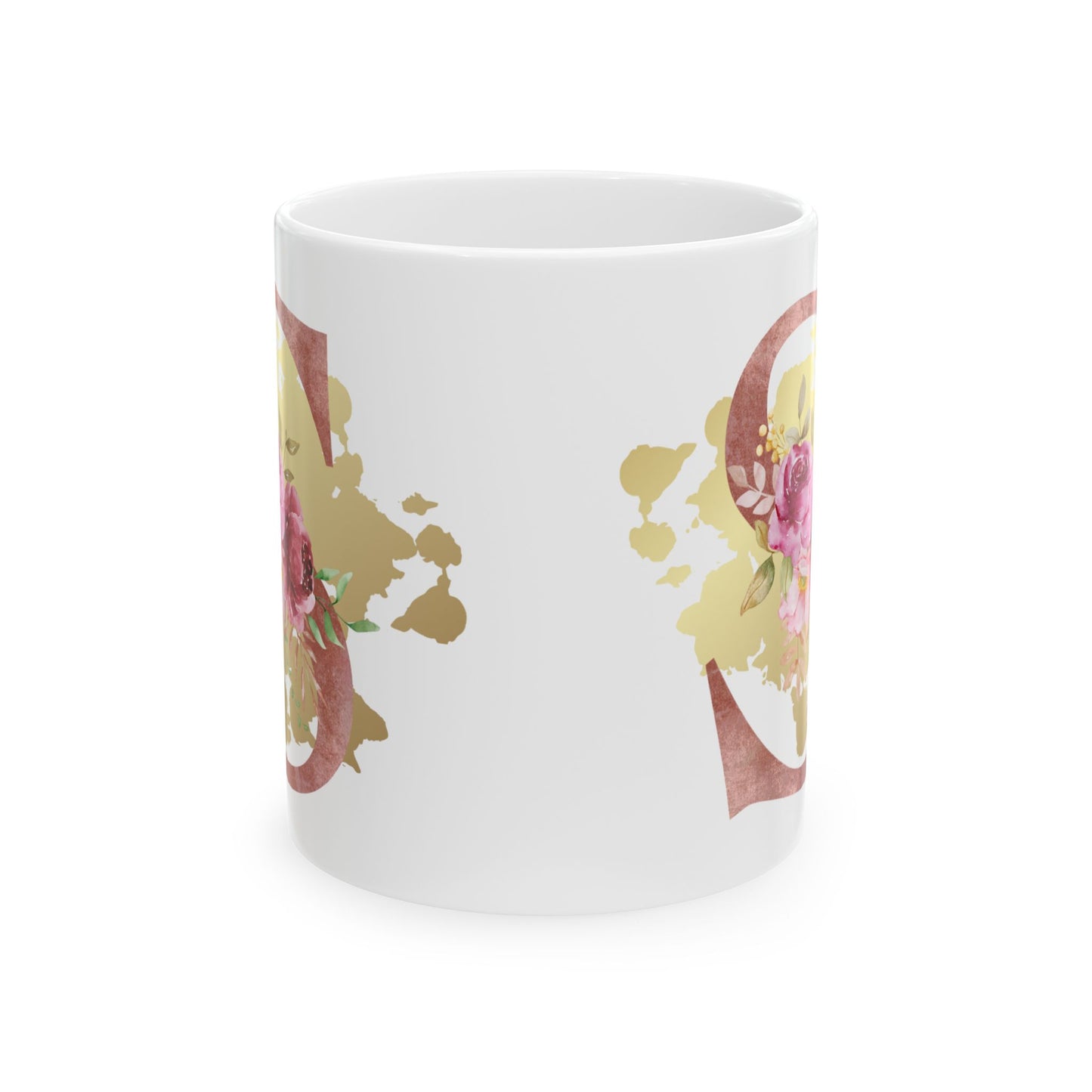 Ceramic Mug, (11oz) - Letter "S" Initial Pink Flower Gold Splash