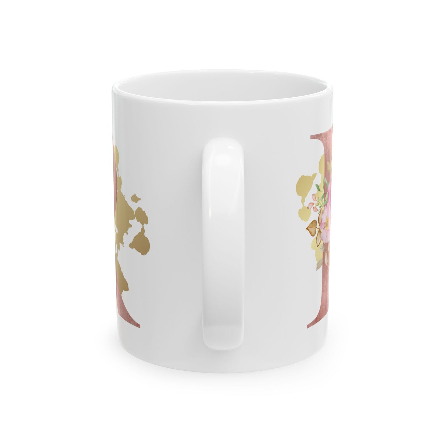 Ceramic Mug, (11oz) - Letter "R" Initial Pink Flower Gold Splash