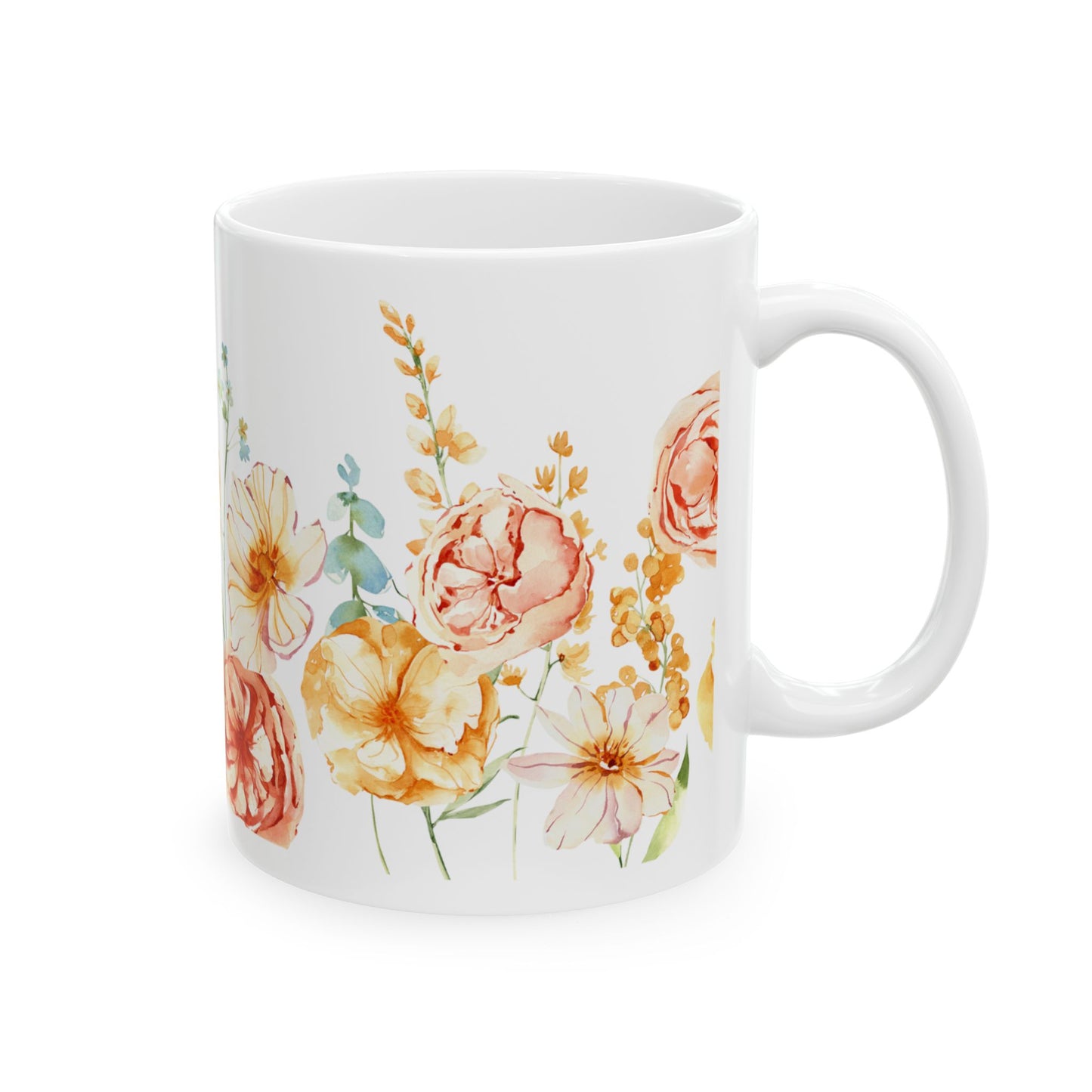 Watercolor Rose Peony Ceramic Mug, (11oz)