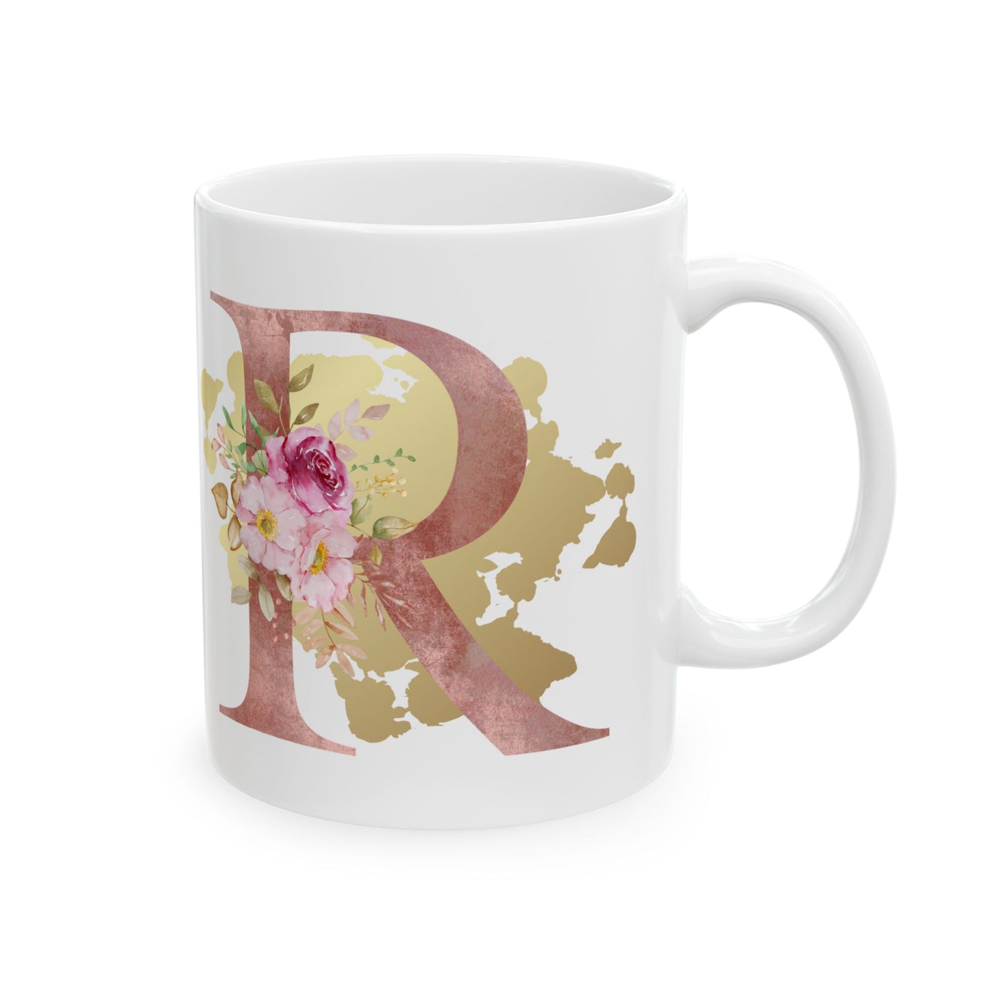 Ceramic Mug, (11oz) - Letter "R" Initial Pink Flower Gold Splash