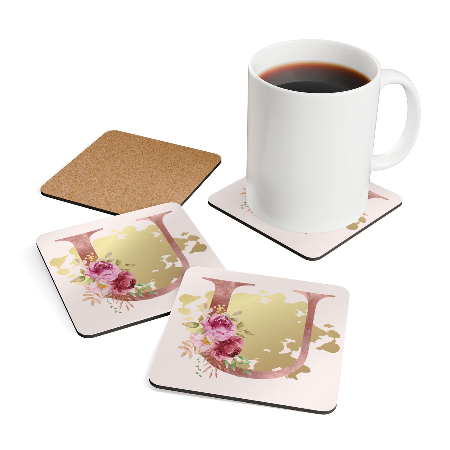 Coaster Set of 4 - Letter "U" Initial Pink Flower Gold Splash