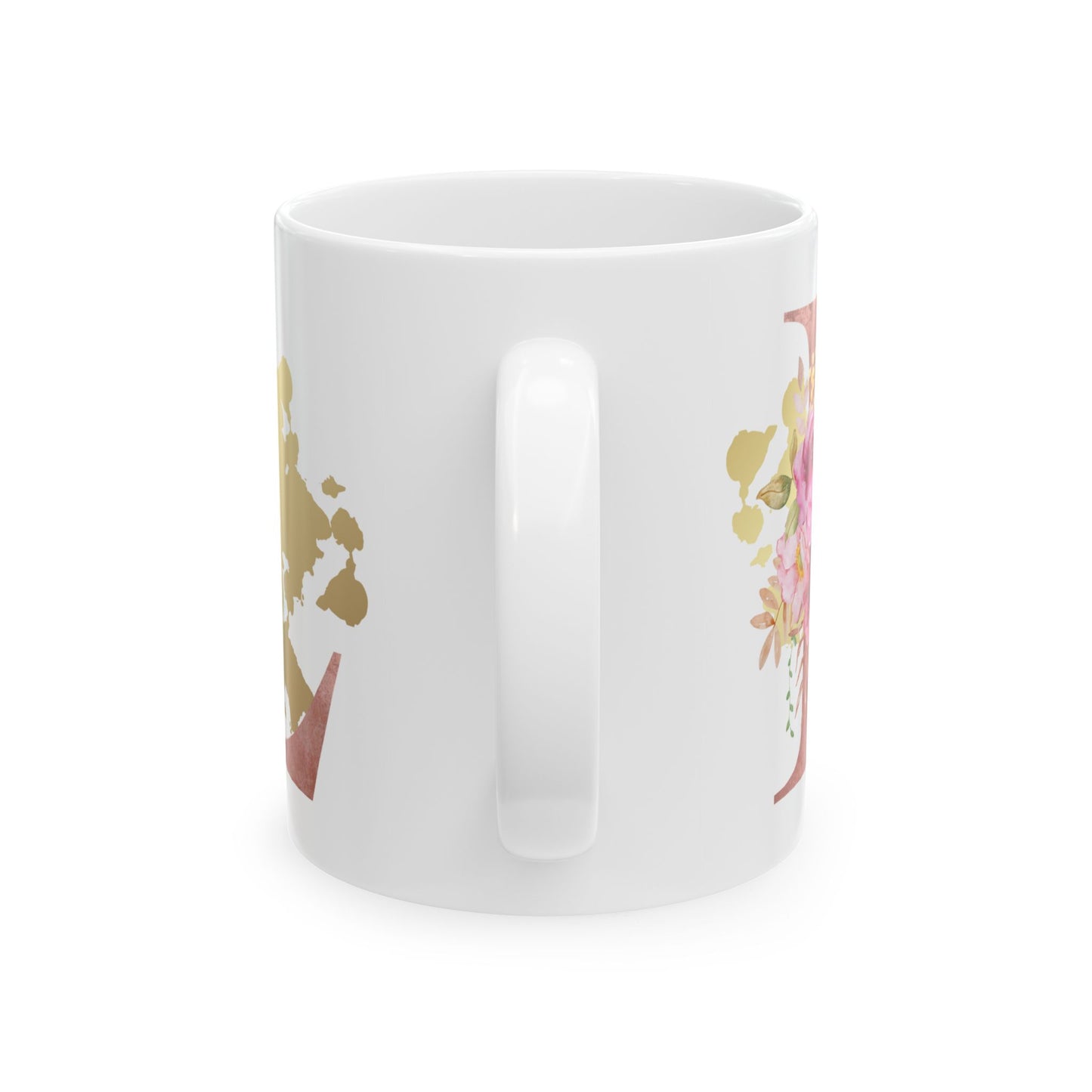 Ceramic Mug, (11oz) - Letter "L" Initial Pink Flower Gold Splash