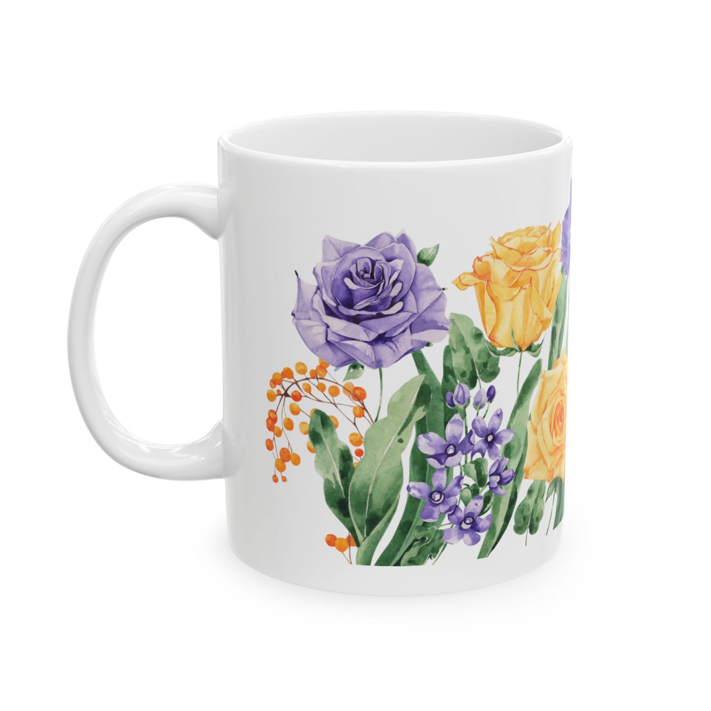 Watercolor Yellow Rose Purple Iris Ceramic Mug, (11oz)