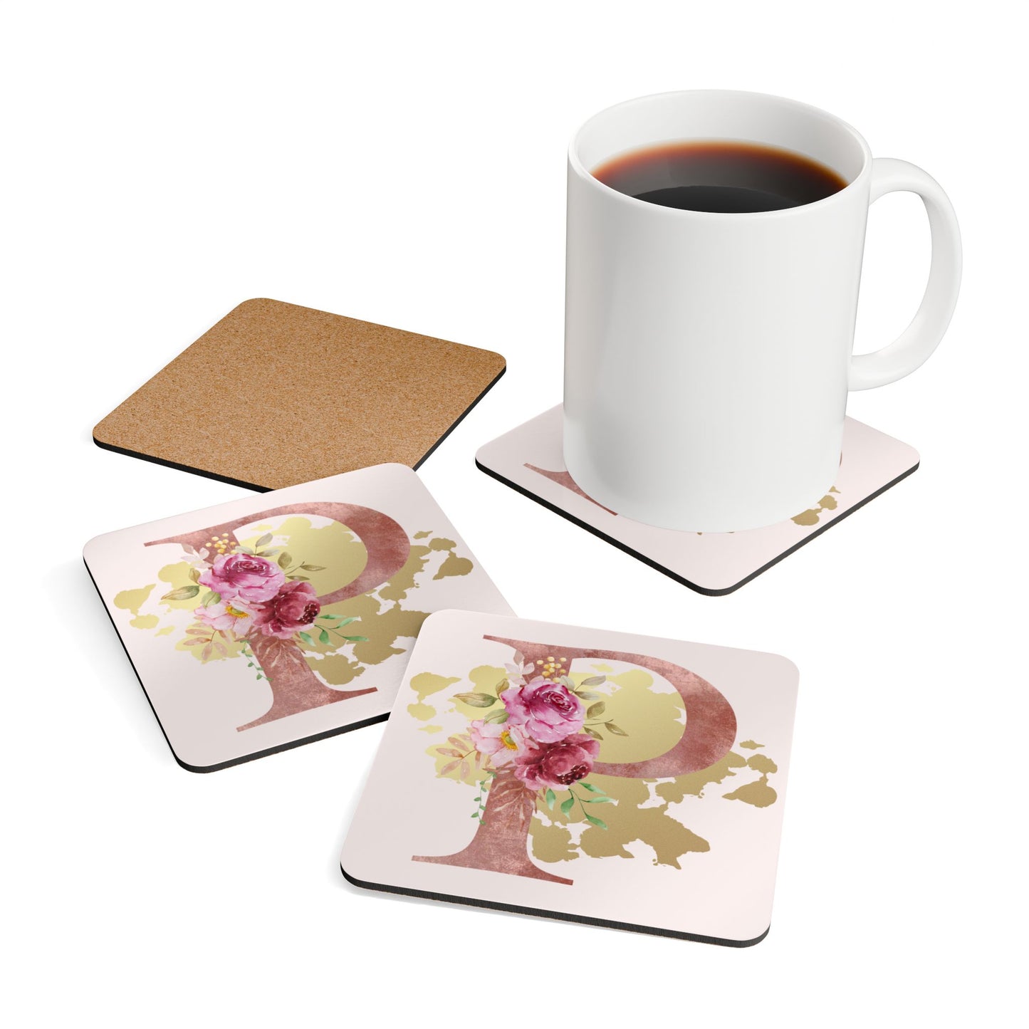 Coaster Set of 4 - Letter "P" Initial Pink Flower Gold Splash