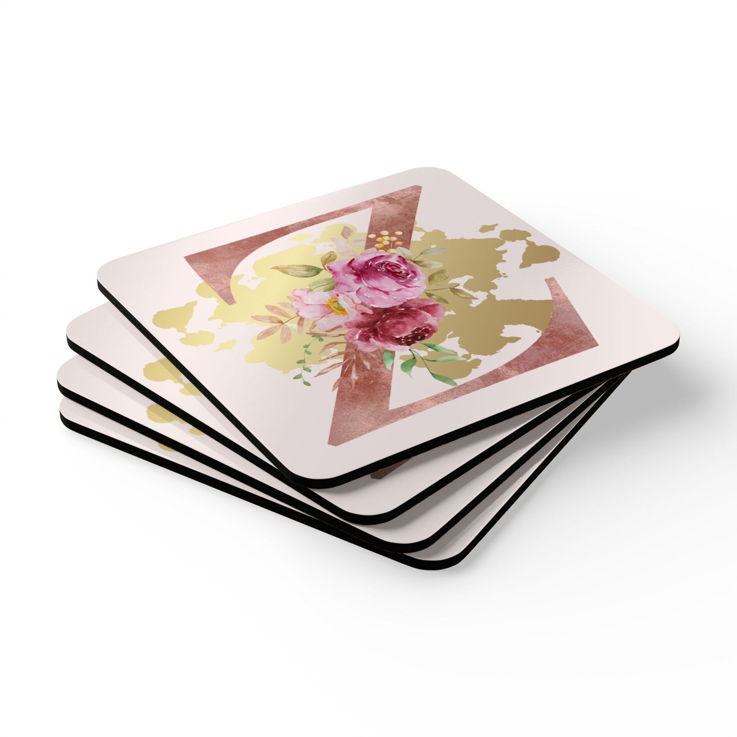 Coaster Set of 4 - Letter "Z" Initial Pink Flower Gold Splash