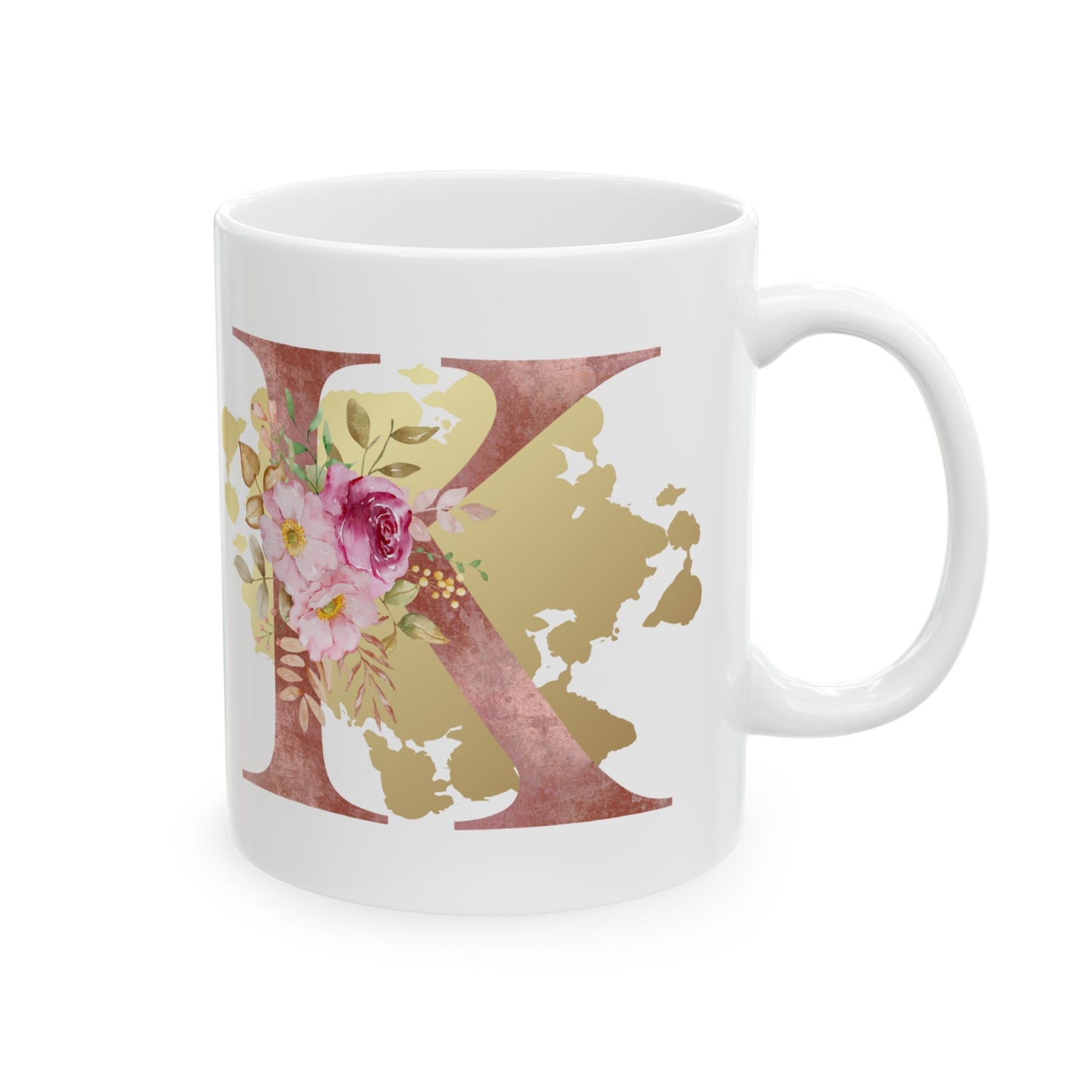 Ceramic Mug, (11oz) - Letter "K" Initial Pink Flower Gold Splash