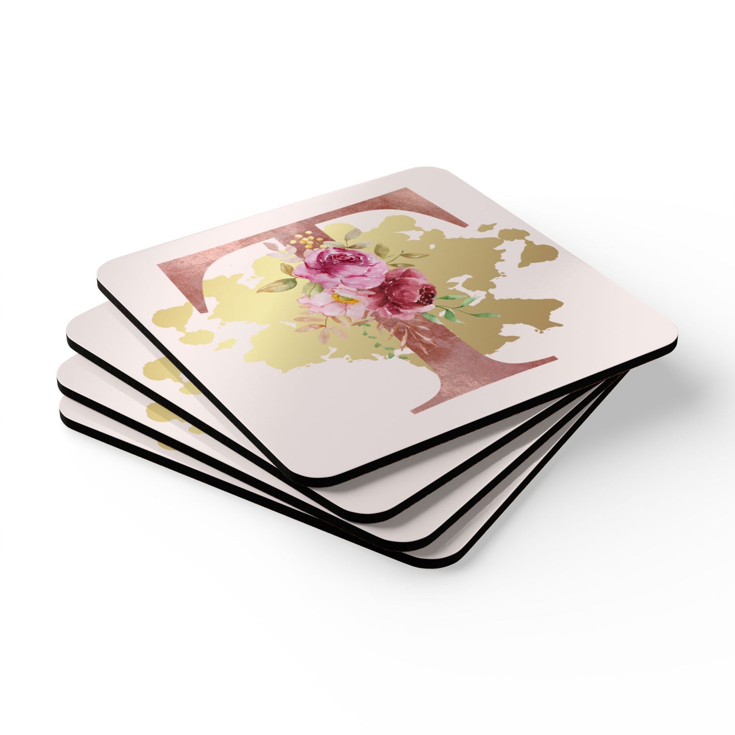 Coaster Set of 4 - Letter "T" Initial Pink Flower Gold Splash