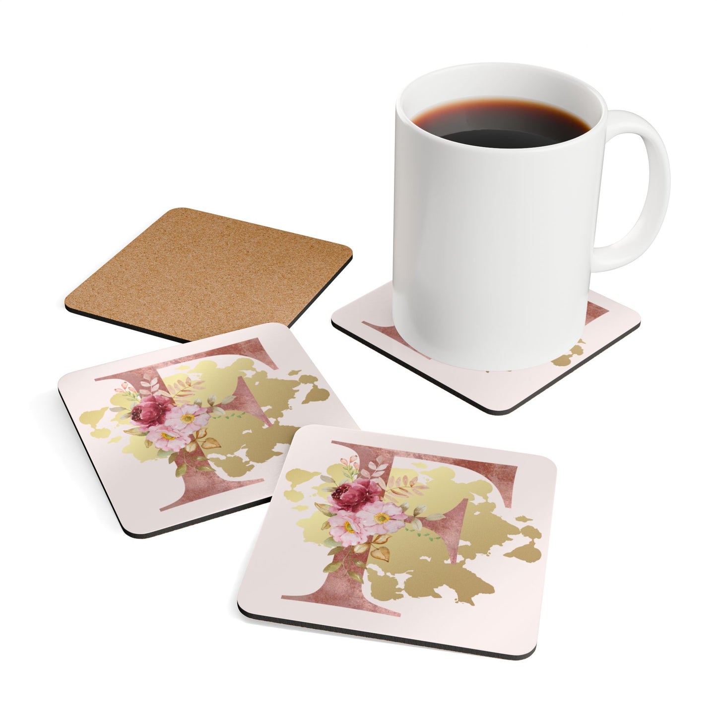 Coaster Set of 4 - Letter "F" Initial Pink Flower Gold Splash
